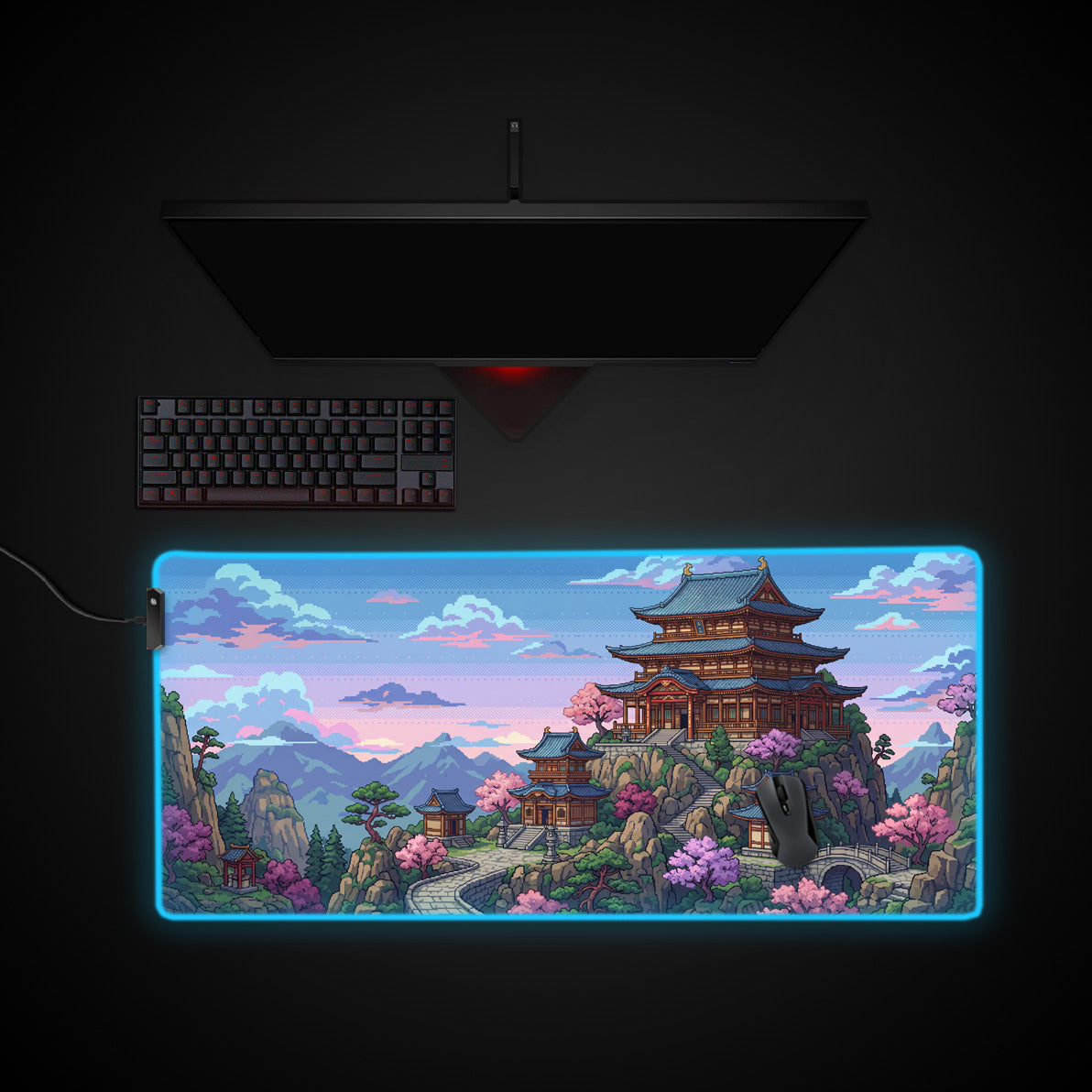 Pixel Pagoda Peak desk mat with RGB edge lighting