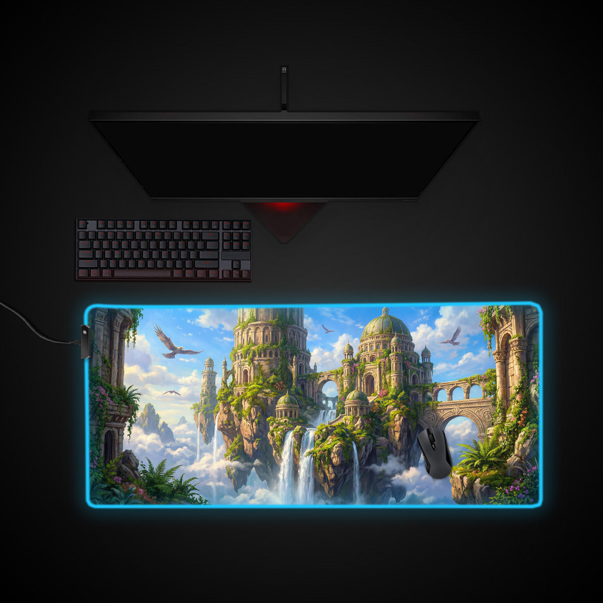 Overgrown Aether Ruins desk mat with RGB edge lighting