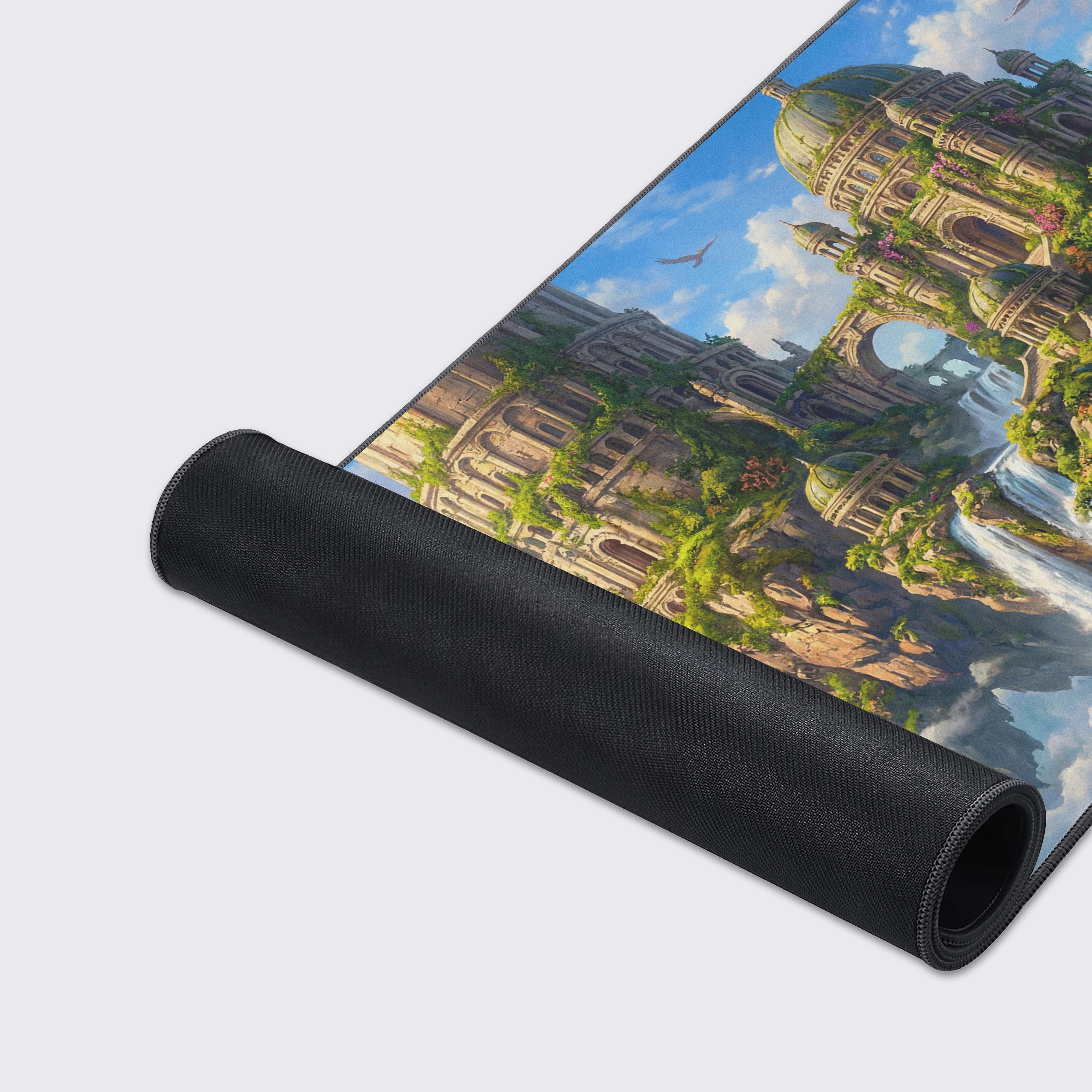 Close-up of the Overgrown Aether Ruins mouse pad, highlighting the high-quality fabric texture, stitched edges, and vibrant fantasy landscape artwork. - Epic Design Pads & Mousepads