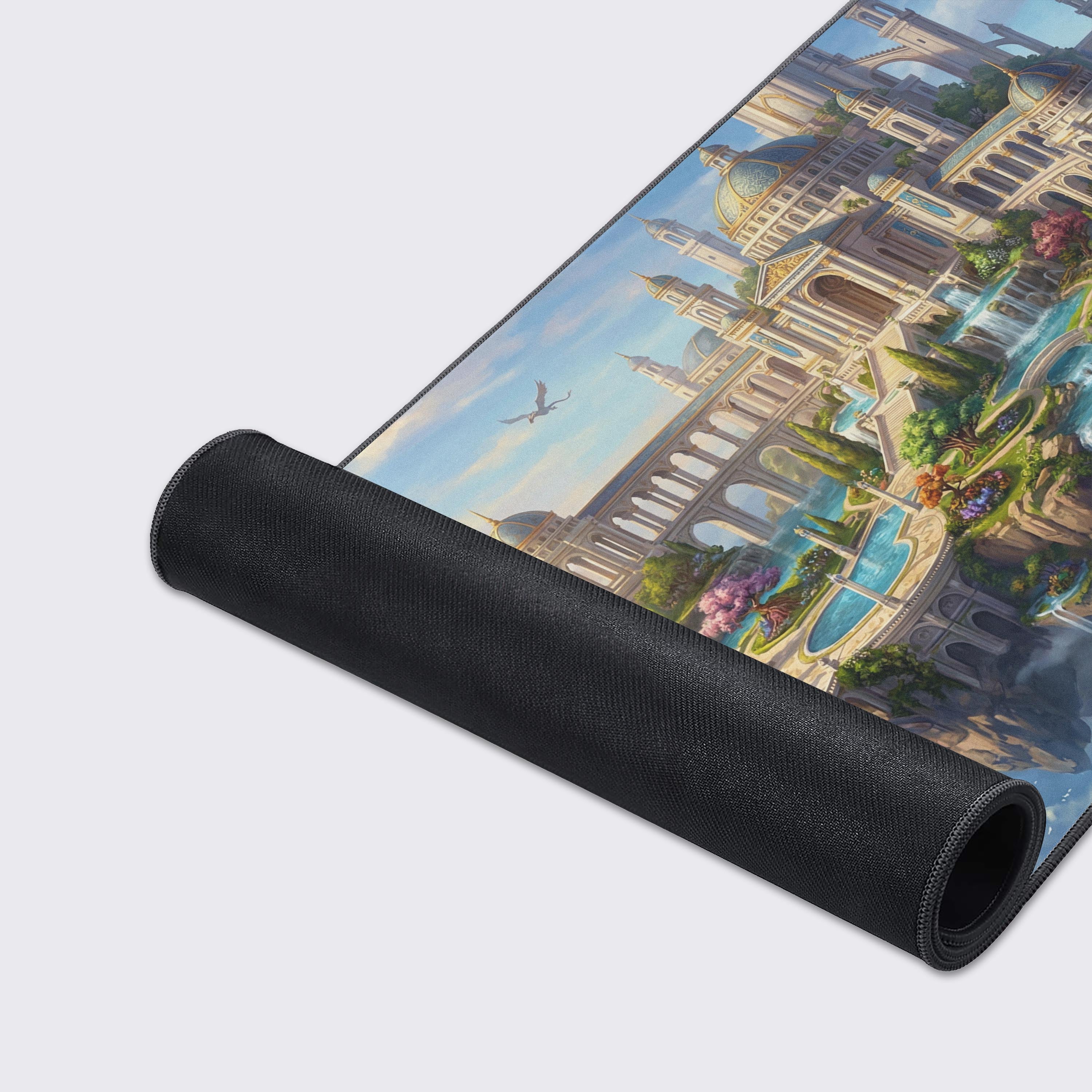 A close-up showcase of the Dragon's Aether Peak gaming desk mat, detailing the smooth surface texture, anti-fray stitched edges, and vibrant fantasy artwork. - Epic Design Pads & Mousepads