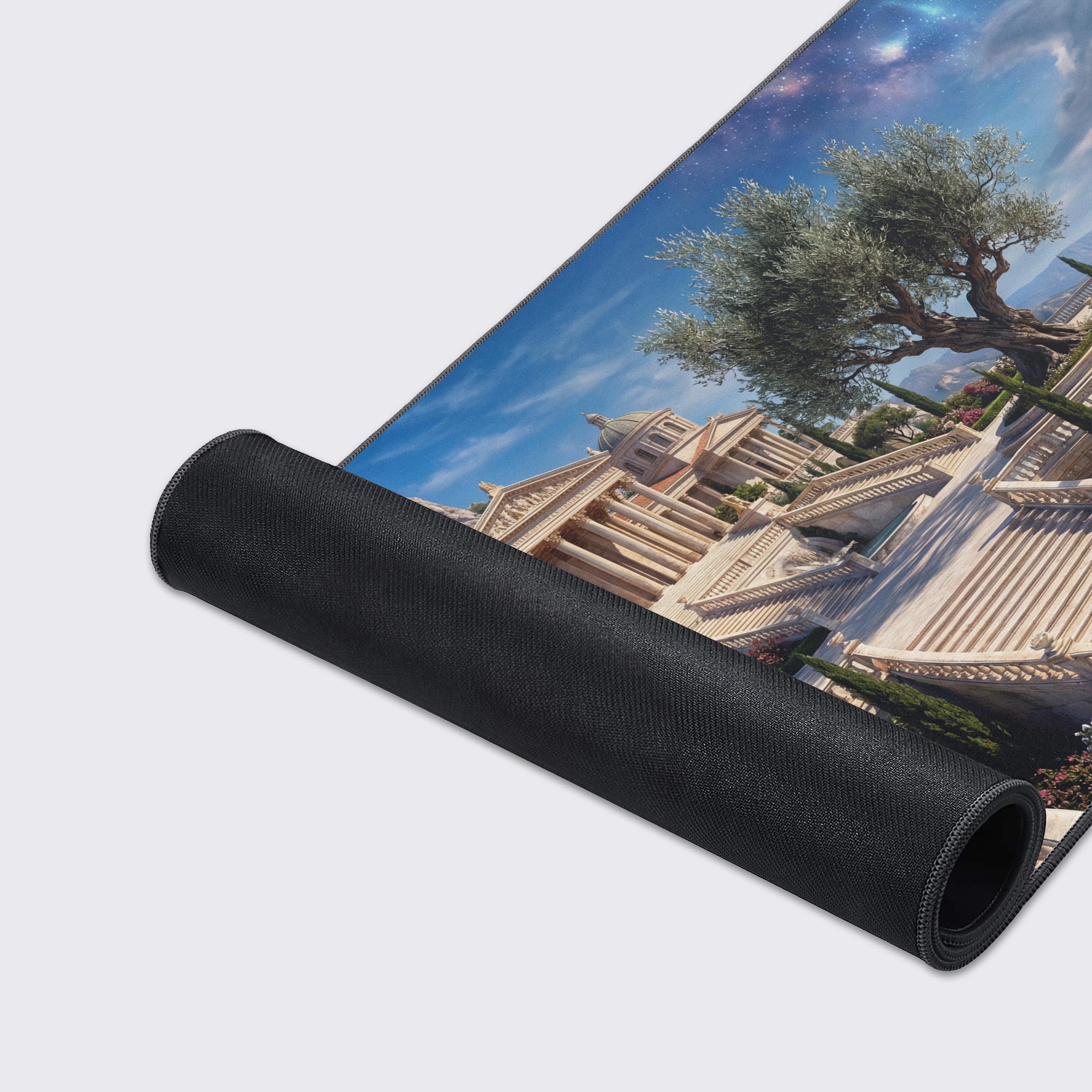 A close-up of the Starlight Marble Temple gaming desk mat showcases its smooth fabric texture and durable anti-fray stitched edges. - Epic Design Pads & Mousepads