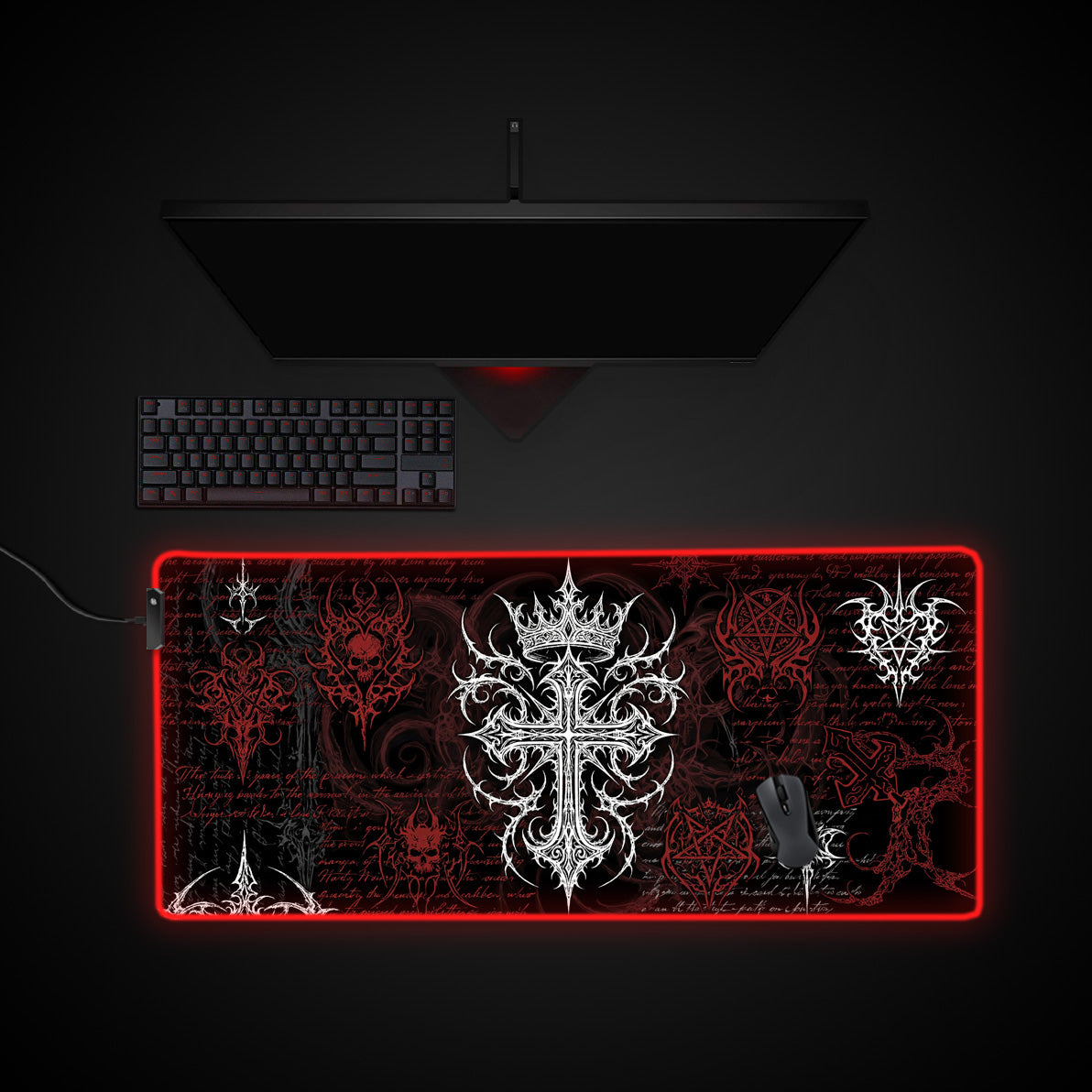 Vanquished Cross desk mat with RGB edge lighting