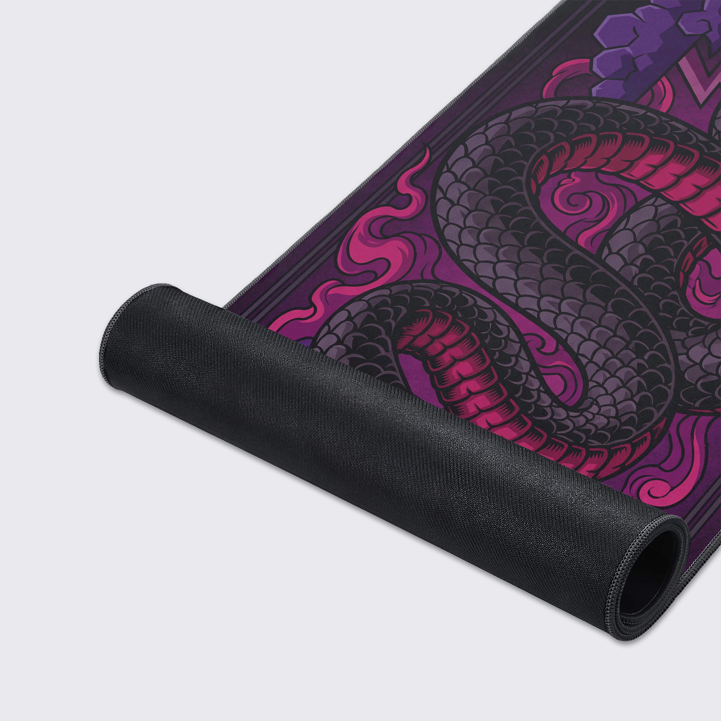 Close-up of the Storm Serpent gaming desk mat showcasing the high-quality smooth texture and durable stitched edges of the intricate purple snake and lightning artwork. - Epic Design Pads & Mousepads