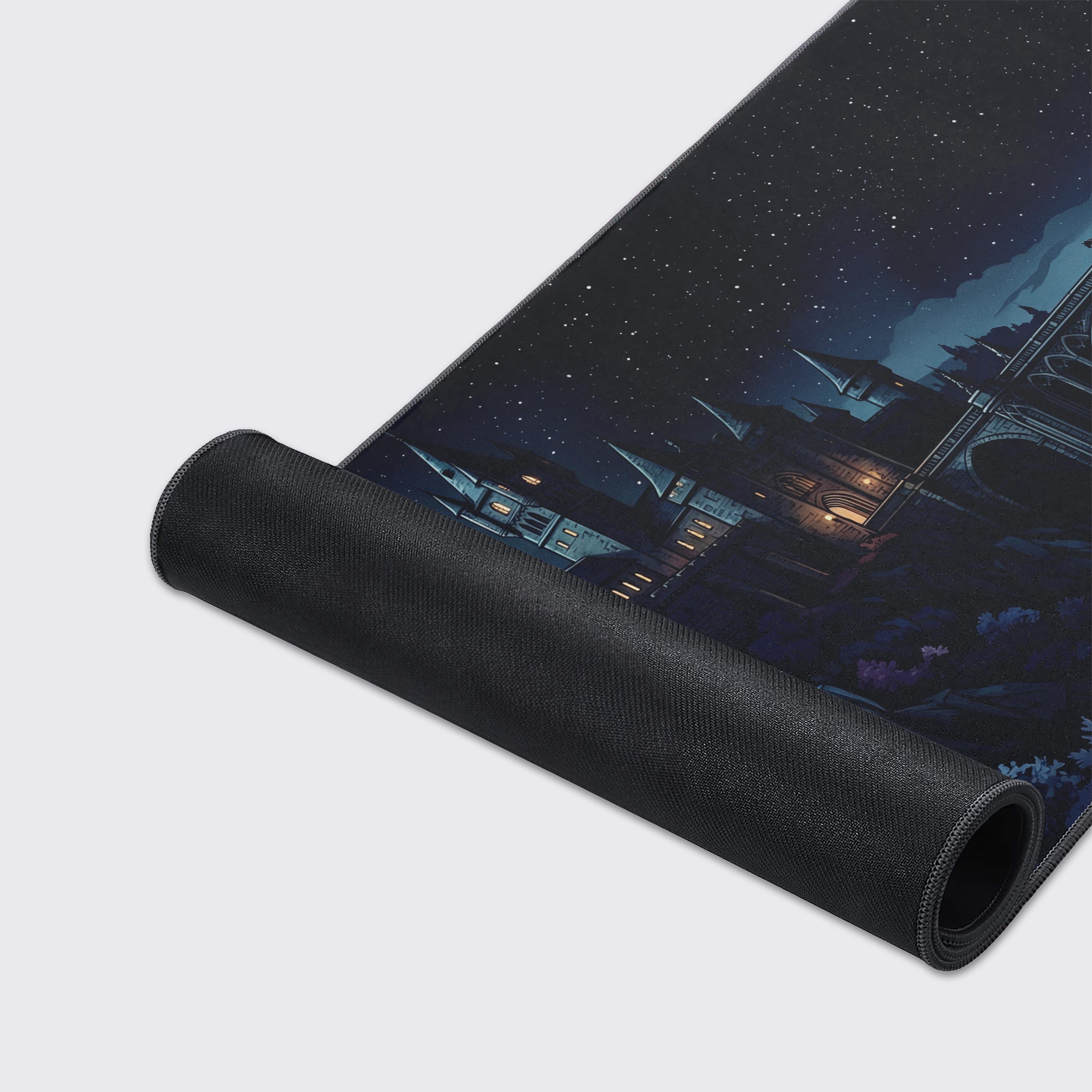 A close-up of the Midnight Crossing fantasy mouse pad, highlighting the detailed art of the castle bridge and the durable stitched edges. - Epic Design Pads & Mousepads