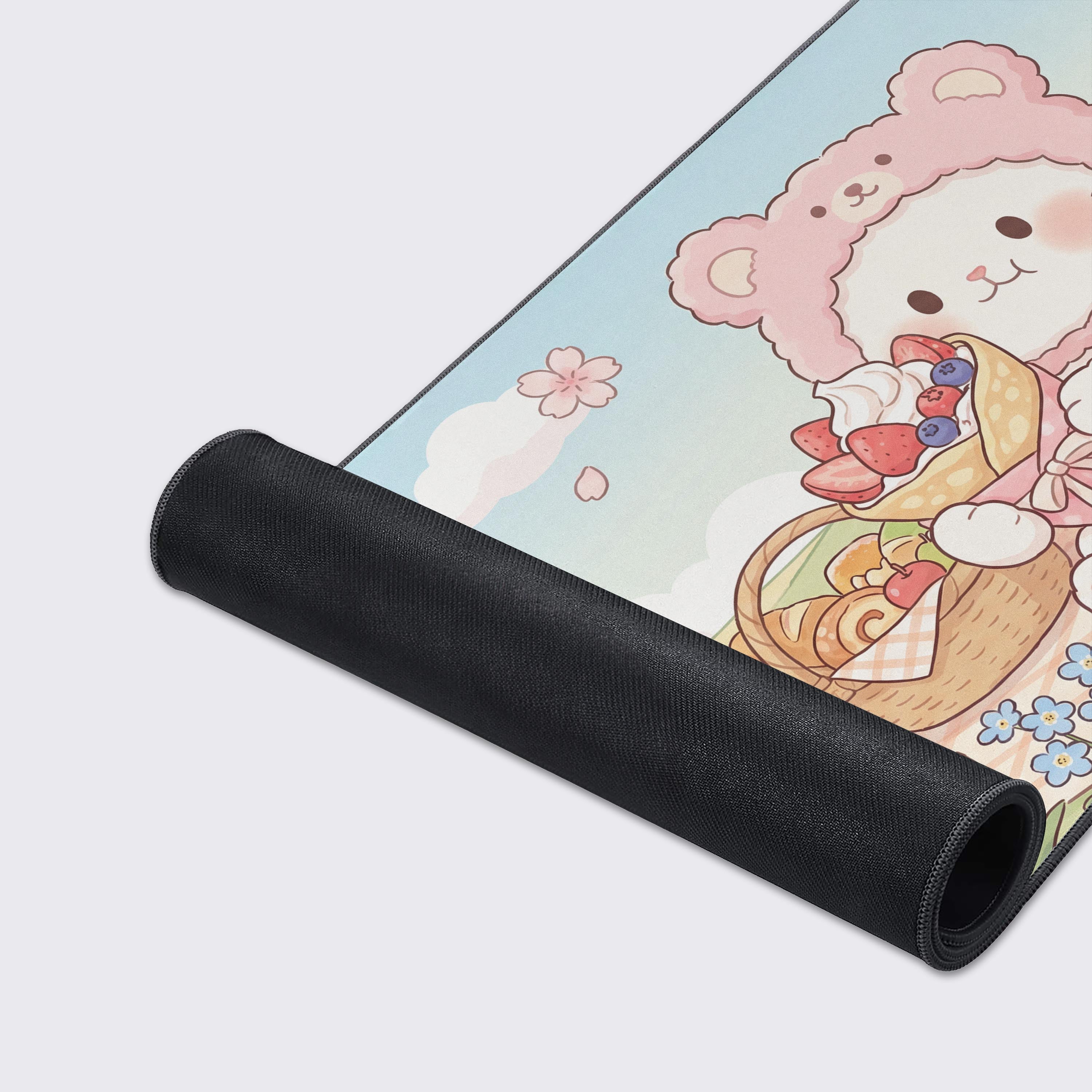 A close-up of the kawaii cat design on the gaming desk mat, highlighting the smooth fabric texture and durable stitched edges for long-lasting use. - Epic Design Pads & Mousepads