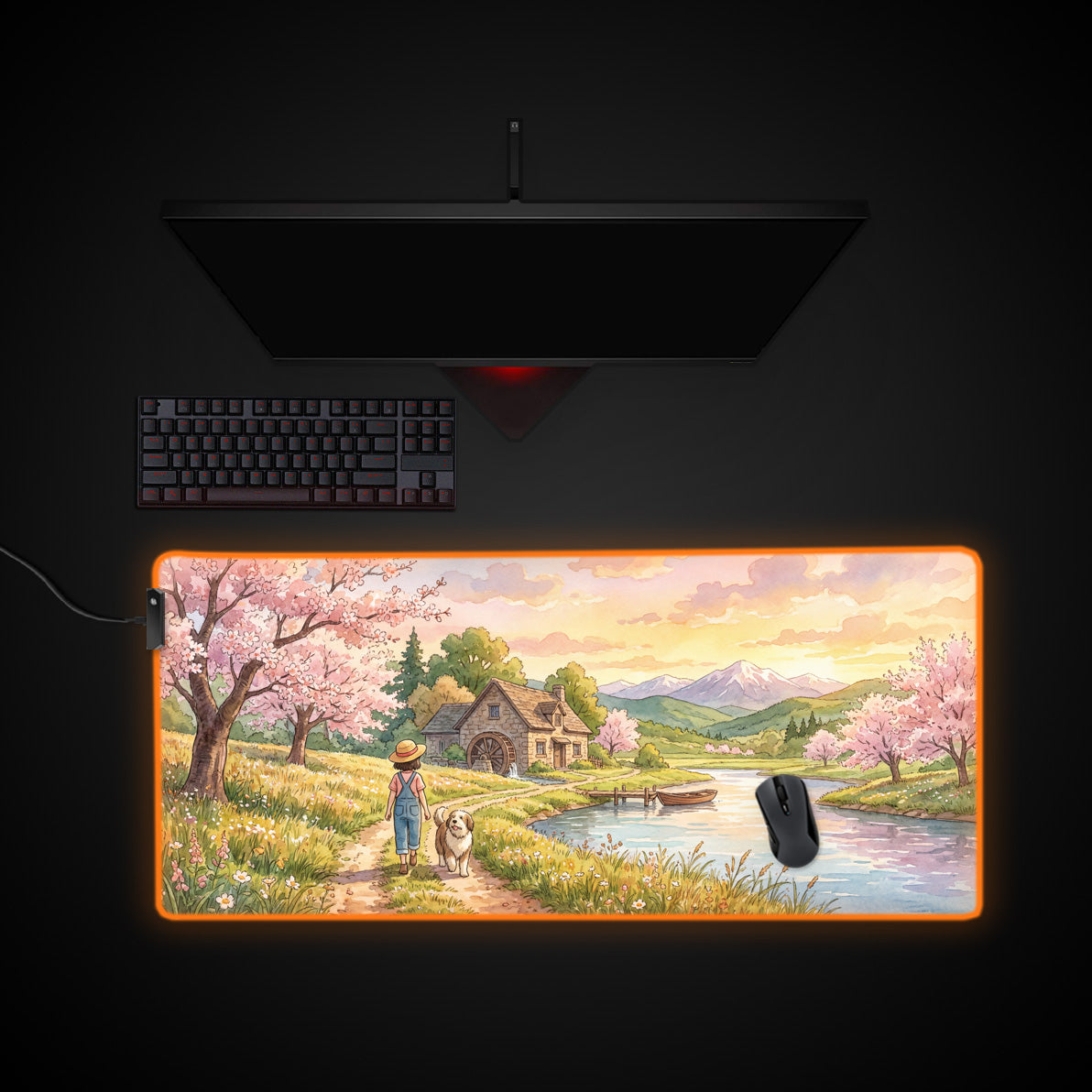 Sunset Stroll desk mat with RGB edge lighting
