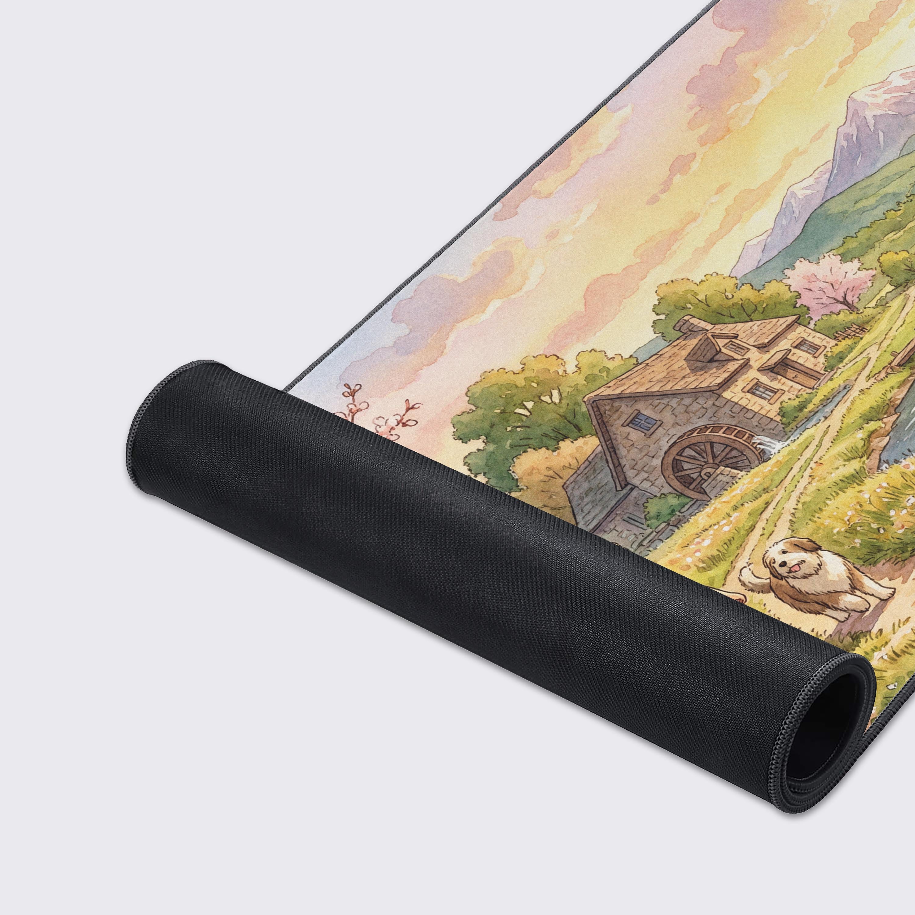 Close-up of the Sunset Stroll mouse pad's smooth fabric texture and durable stitched edges, highlighting the detailed watercolor art of the cottage and river. - Epic Design Pads & Mousepads