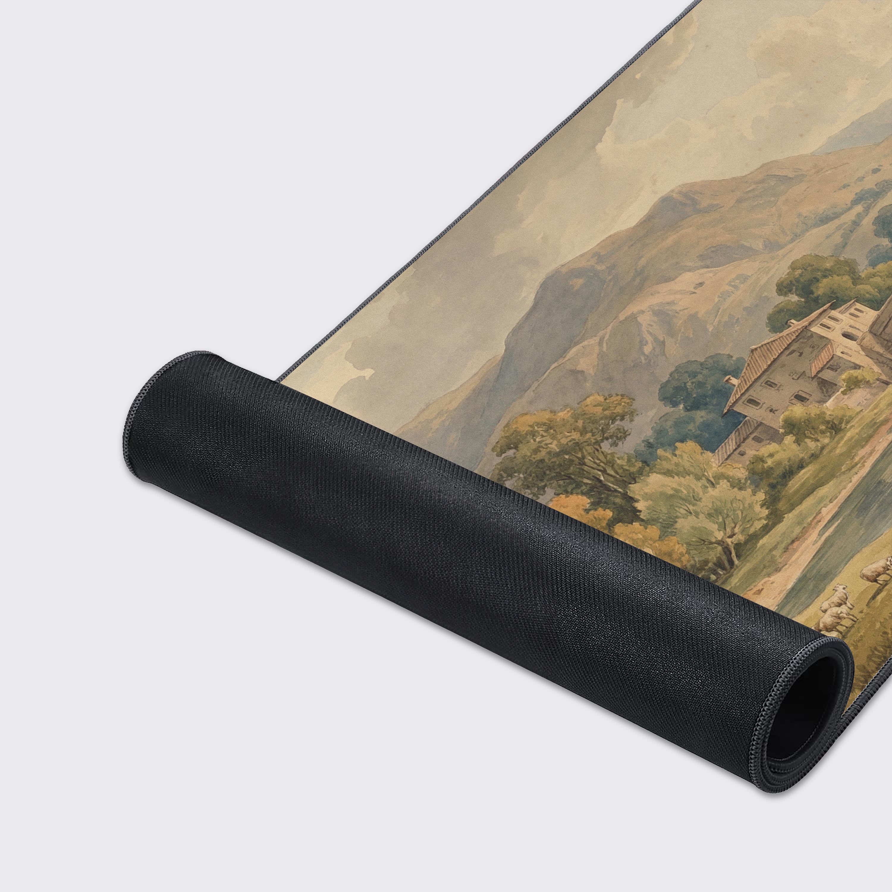 A close-up of the Classical Pastoral gaming desk mat showing the smooth fabric texture, stitched edges, and detailed vintage painting. - Epic Design Pads & Mousepads