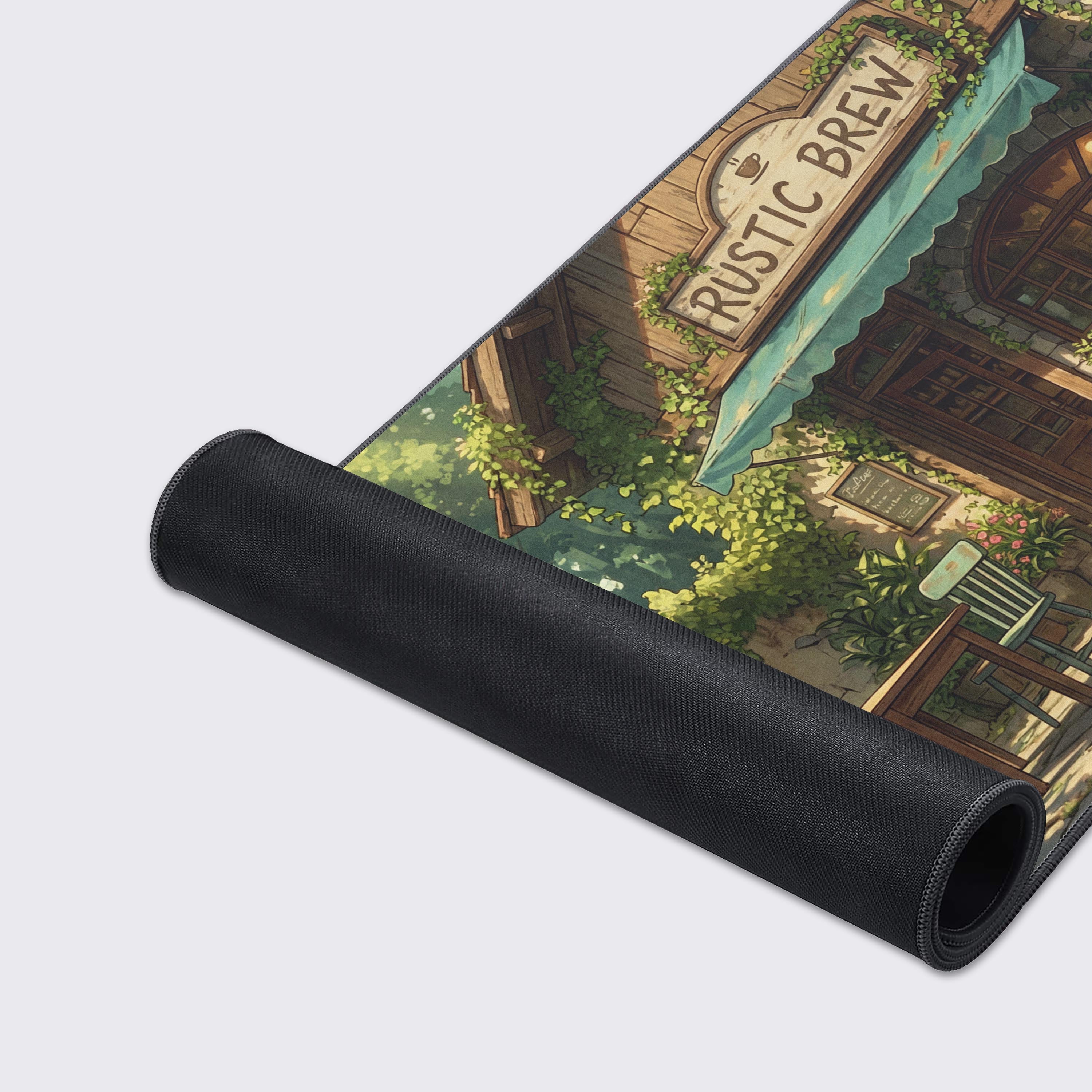 Close-up of the Hidden Ivy Cafe Gaming Desk Mat showing the detailed artwork, smooth fabric texture, and durable stitched edges for long-lasting use. - Epic Design Pads & Mousepads