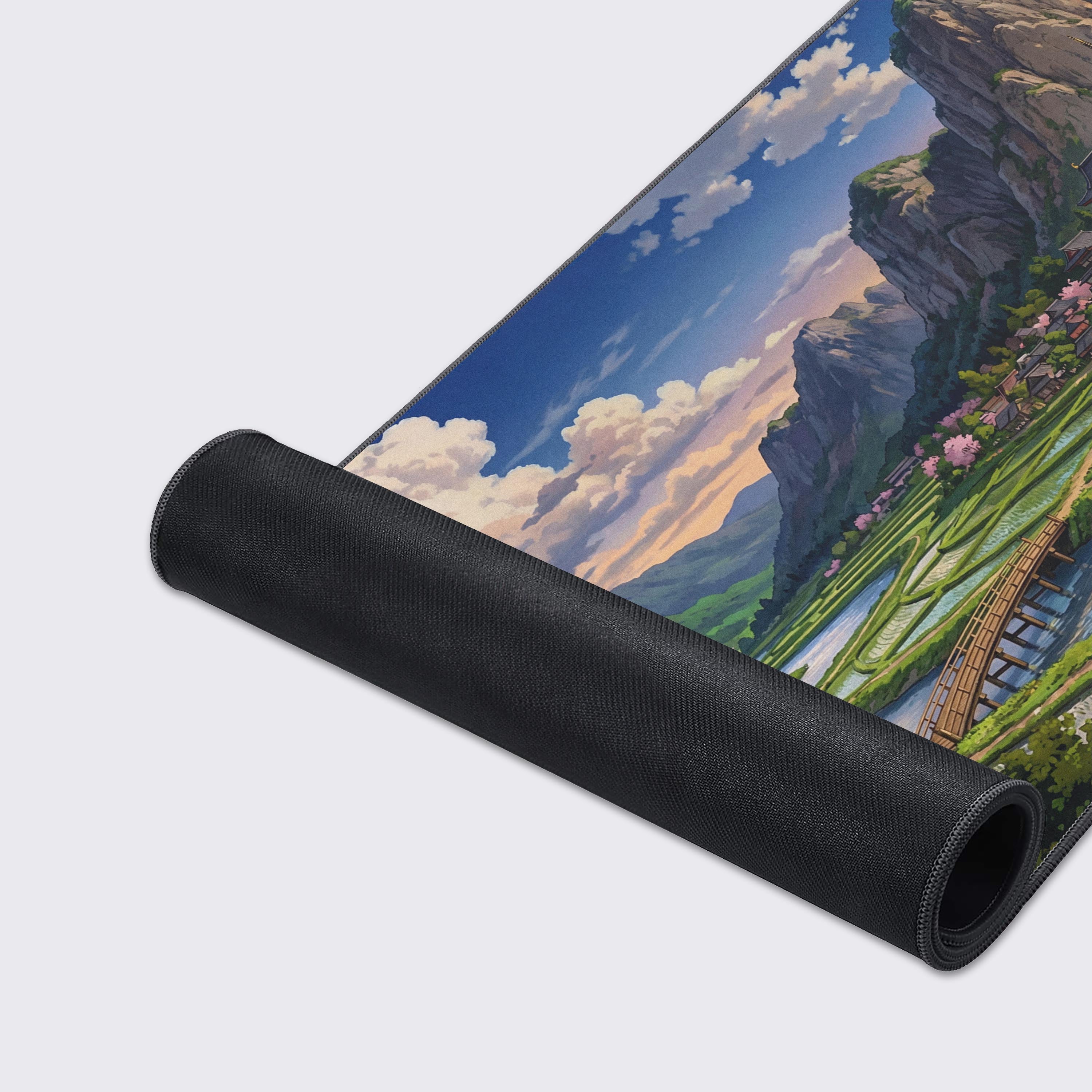 Close-up of the Sacred Valley Echo gaming desk mat's smooth texture and durable stitched edges, highlighting the vibrant Japanese scenery artwork. - Epic Design Pads & Mousepads