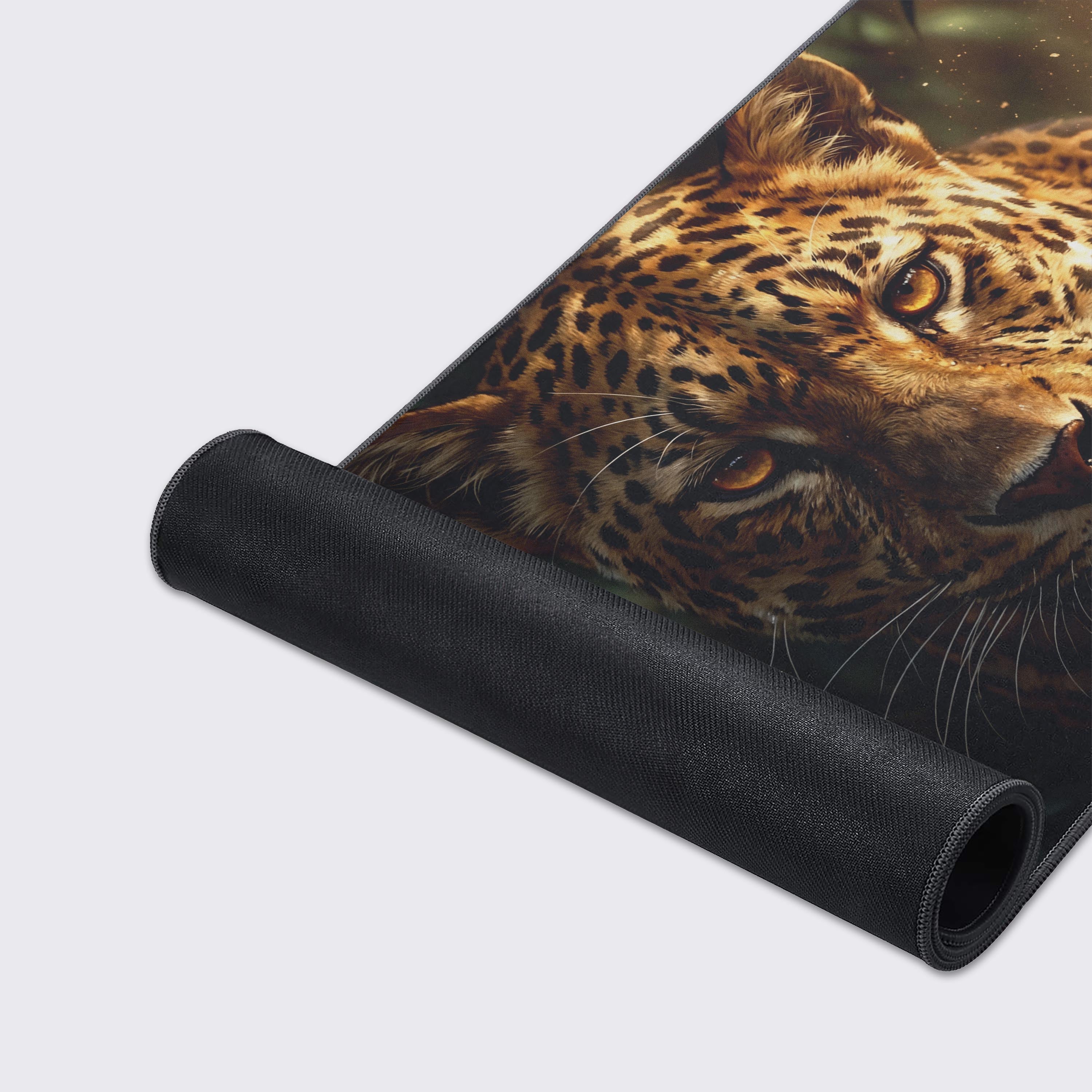 A close-up view of the Primal Ambush Spirit Gaming Desk Mat showcasing the detailed artwork, smooth fabric surface, and durable stitched edges. - Epic Design Pads & Mousepads