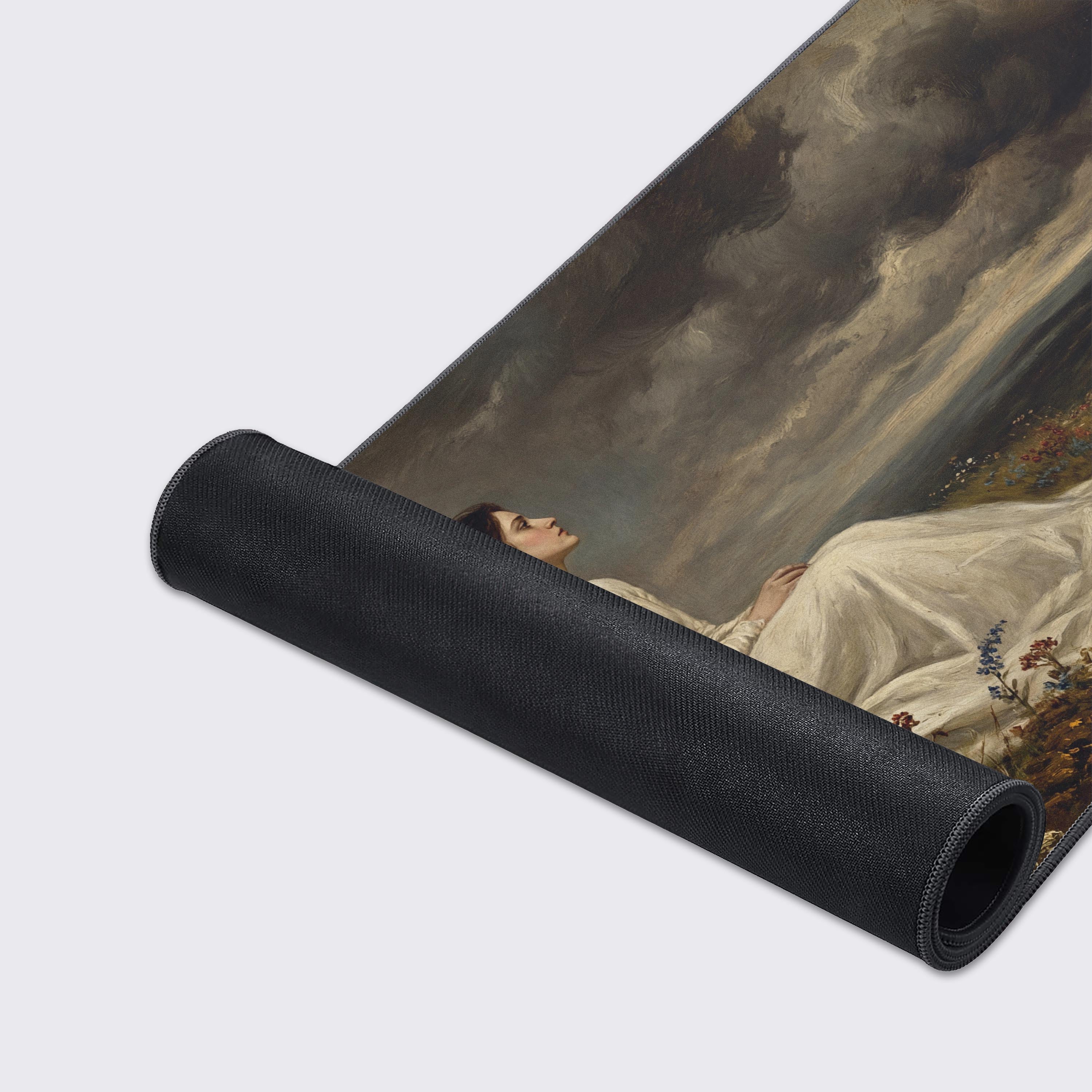 A close-up of the Stormborn Grief gaming desk mat, highlighting the detailed art print, smooth fabric texture, and durable anti-fray stitched edges. - Epic Design Pads & Mousepads