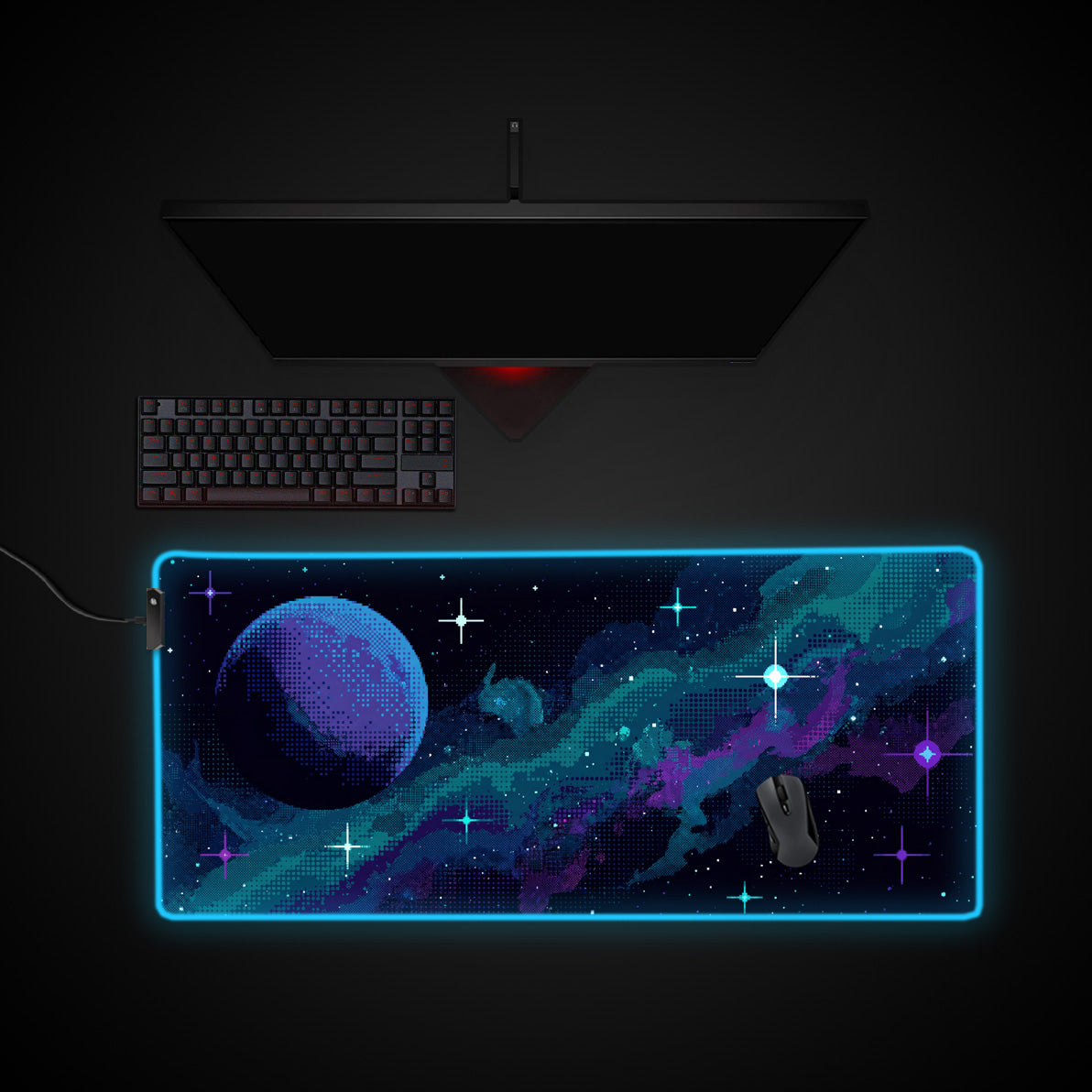8-Bit Cosmos desk mat with RGB edge lighting
