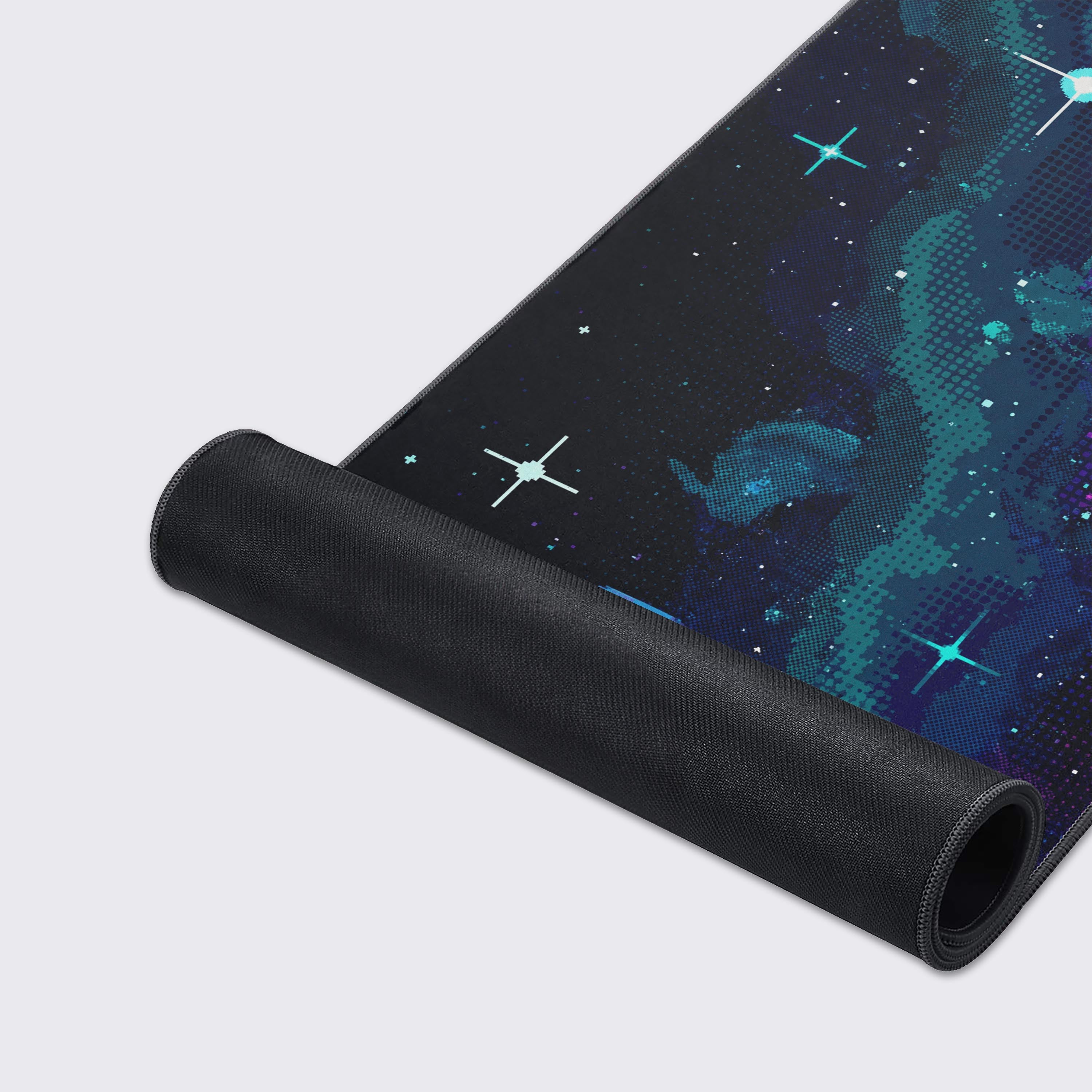 Close-up shot of the 8-Bit Cosmos gaming desk mat, highlighting the detailed pixel art texture and durable stitched edges for a premium feel. - Epic Design Pads & Mousepads