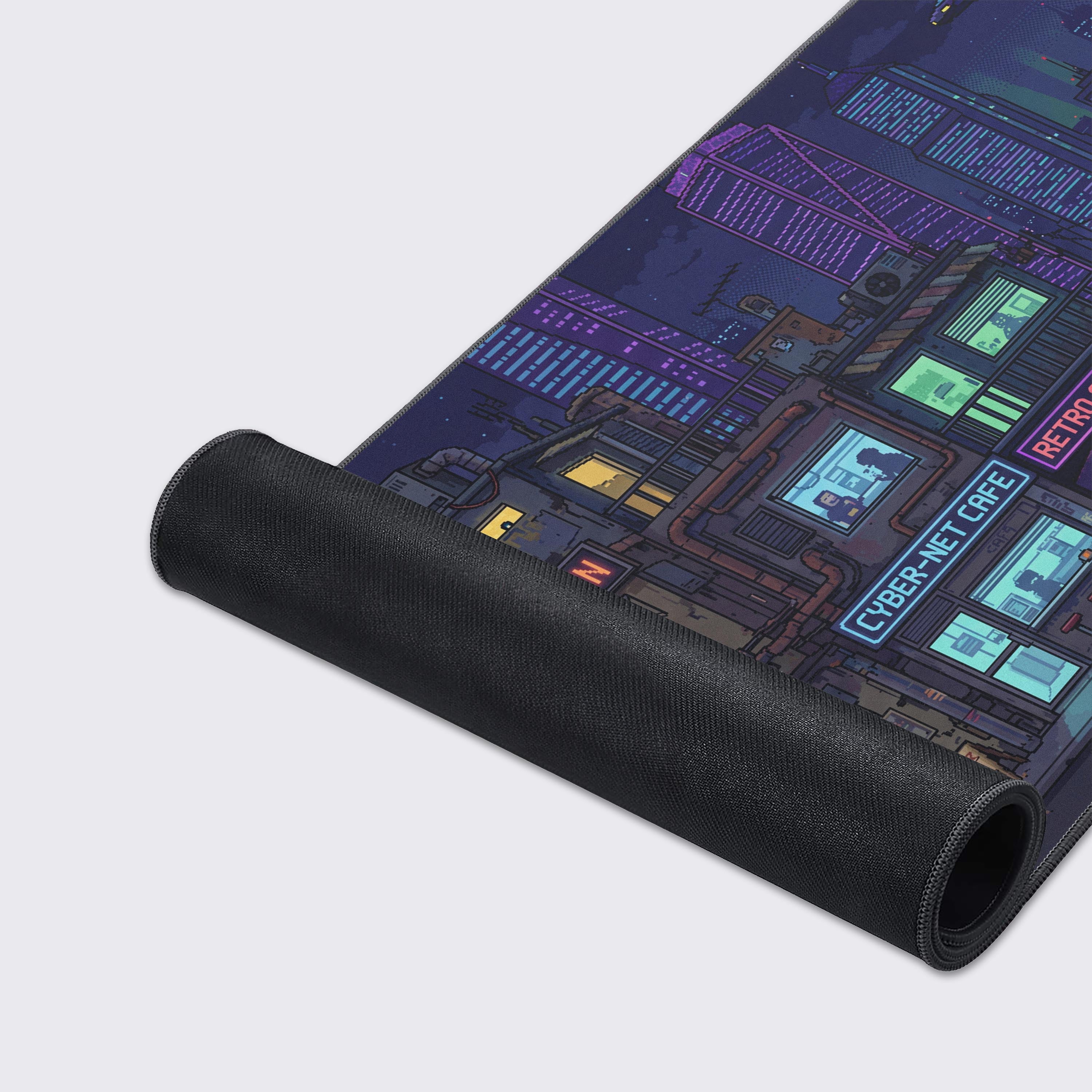 A close-up of the Zone Nine gaming desk mat, highlighting the high-quality fabric texture and durable stitched edges of the cyberpunk city design. - Epic Design Pads & Mousepads