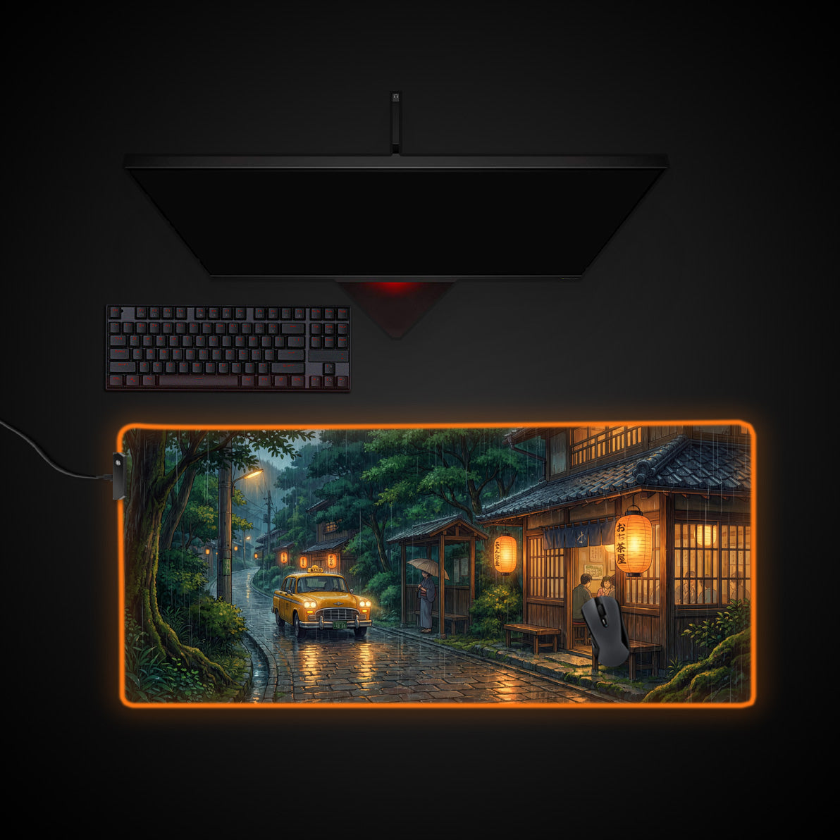 Rainy Taxi desk mat with RGB edge lighting