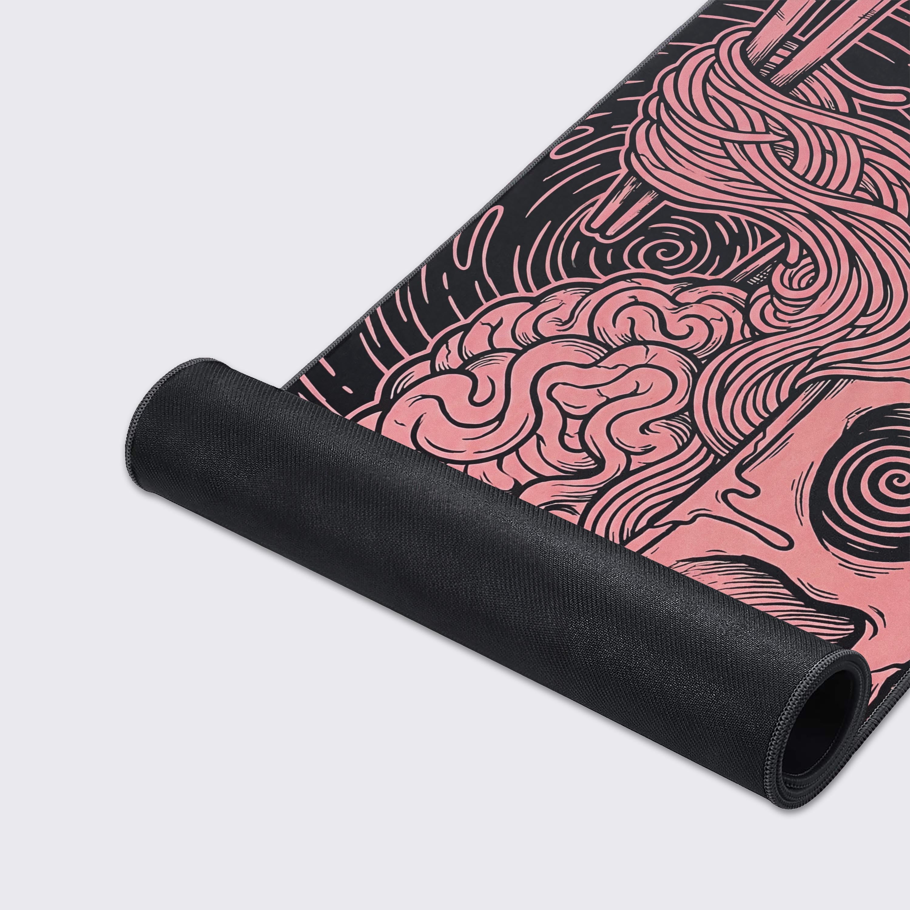Close-up of the Mind Melt gaming desk mat highlighting the durable stitched edges and smooth fabric texture of the psychedelic skull design. - Epic Design Pads & Mousepads