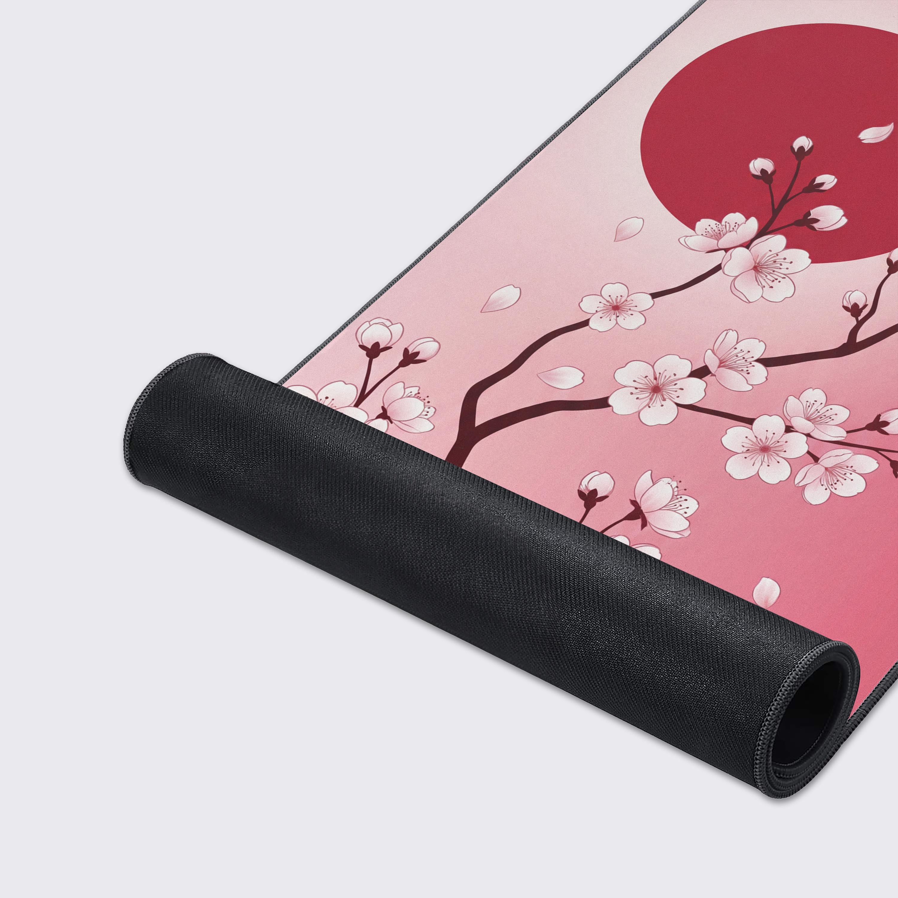 Close-up of the Sakura Dawn Gaming Desk Mat showcasing its smooth fabric texture and durable stitched edges, highlighting the intricate cherry blossom artwork. - Epic Design Pads & Mousepads