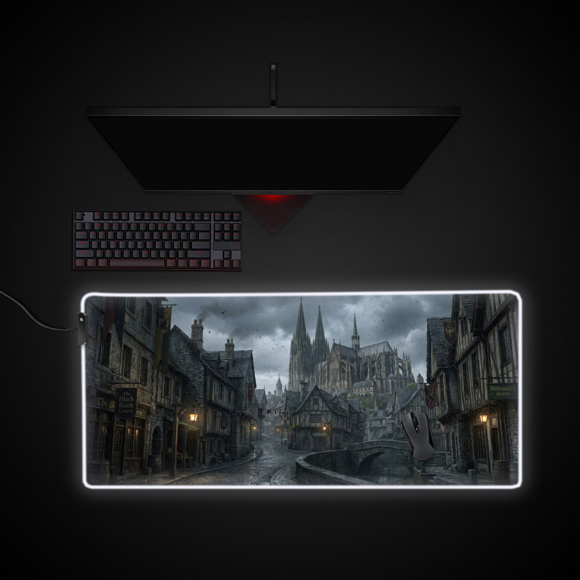 Tavern Night desk mat with RGB edge lighting