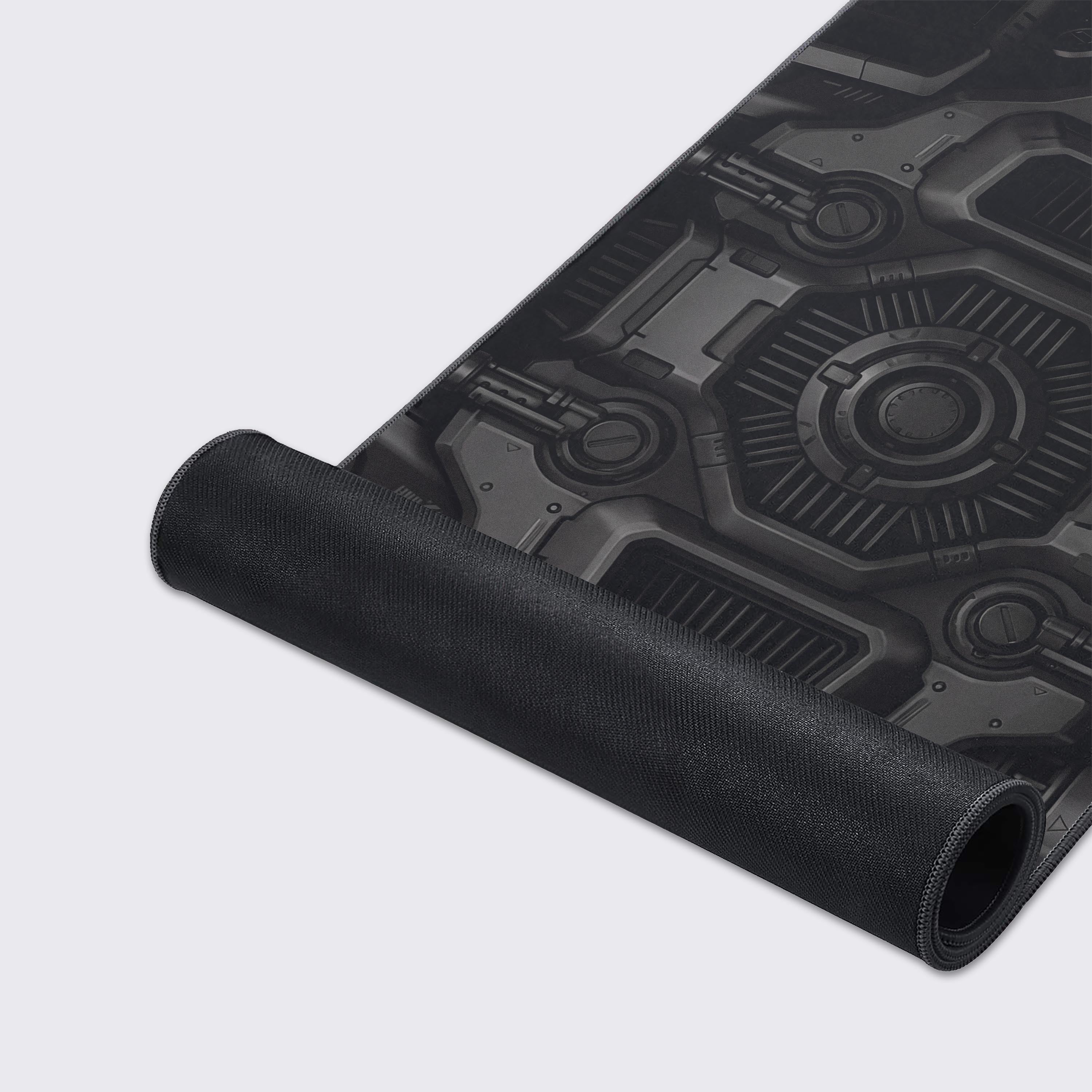 Close-up of the Dark Engine gaming desk mat, highlighting the high-detail sci-fi print and durable stitched edges on the smooth fabric surface. - Epic Design Pads & Mousepads