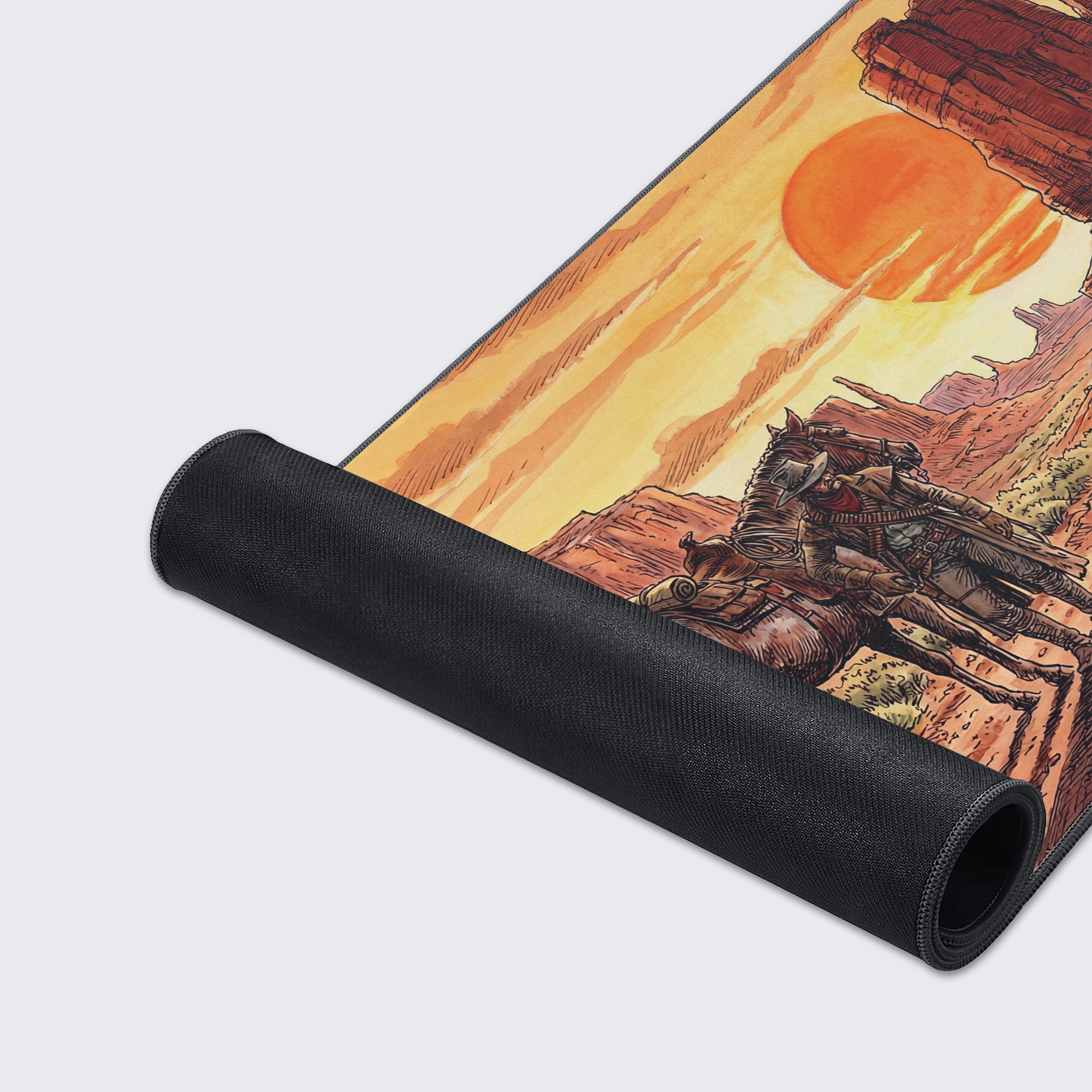 A detailed close-up of the Desert Wanderer mouse pad, showing the quality stitched edges and the intricate, textured art of the cowboy and horse design. - Epic Design Pads & Mousepads