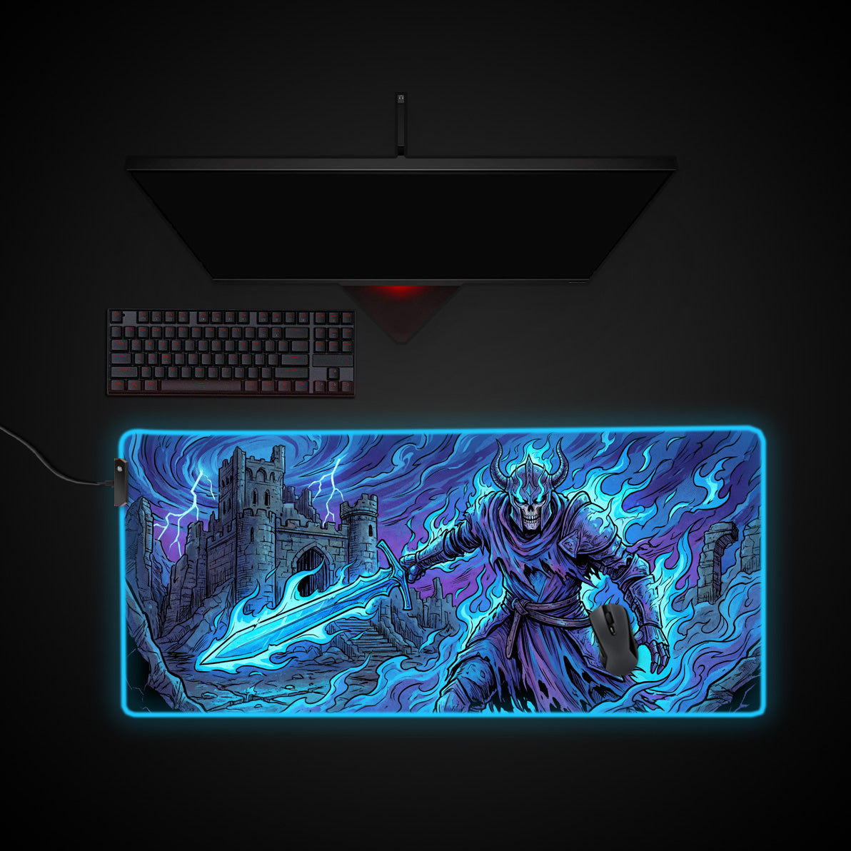 Frostfire Sentinel desk mat with RGB edge lighting