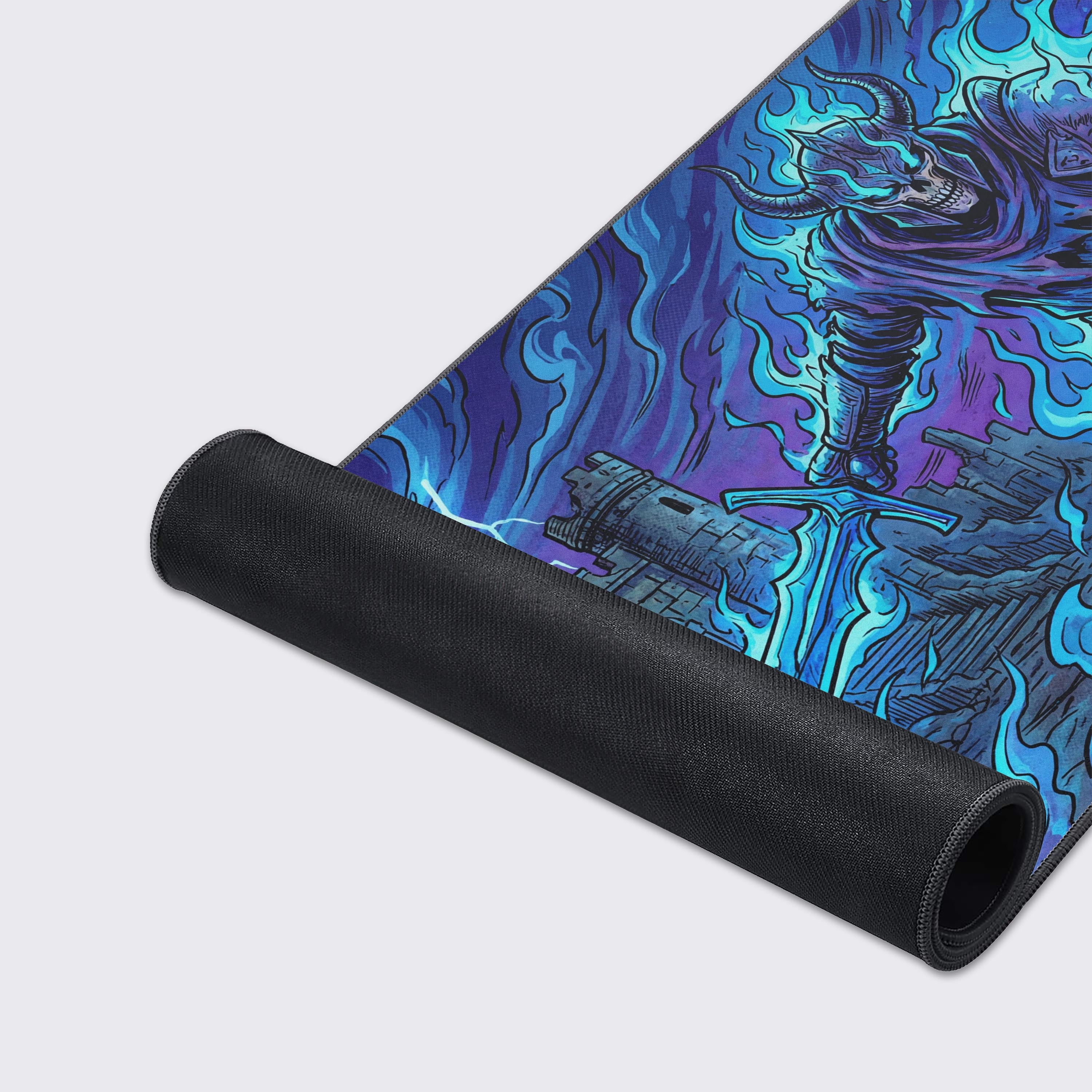 A close-up shot of the Frostfire Sentinel mouse pad, showcasing the detailed artwork, smooth fabric texture, and durable stitched edges. - Epic Design Pads & Mousepads
