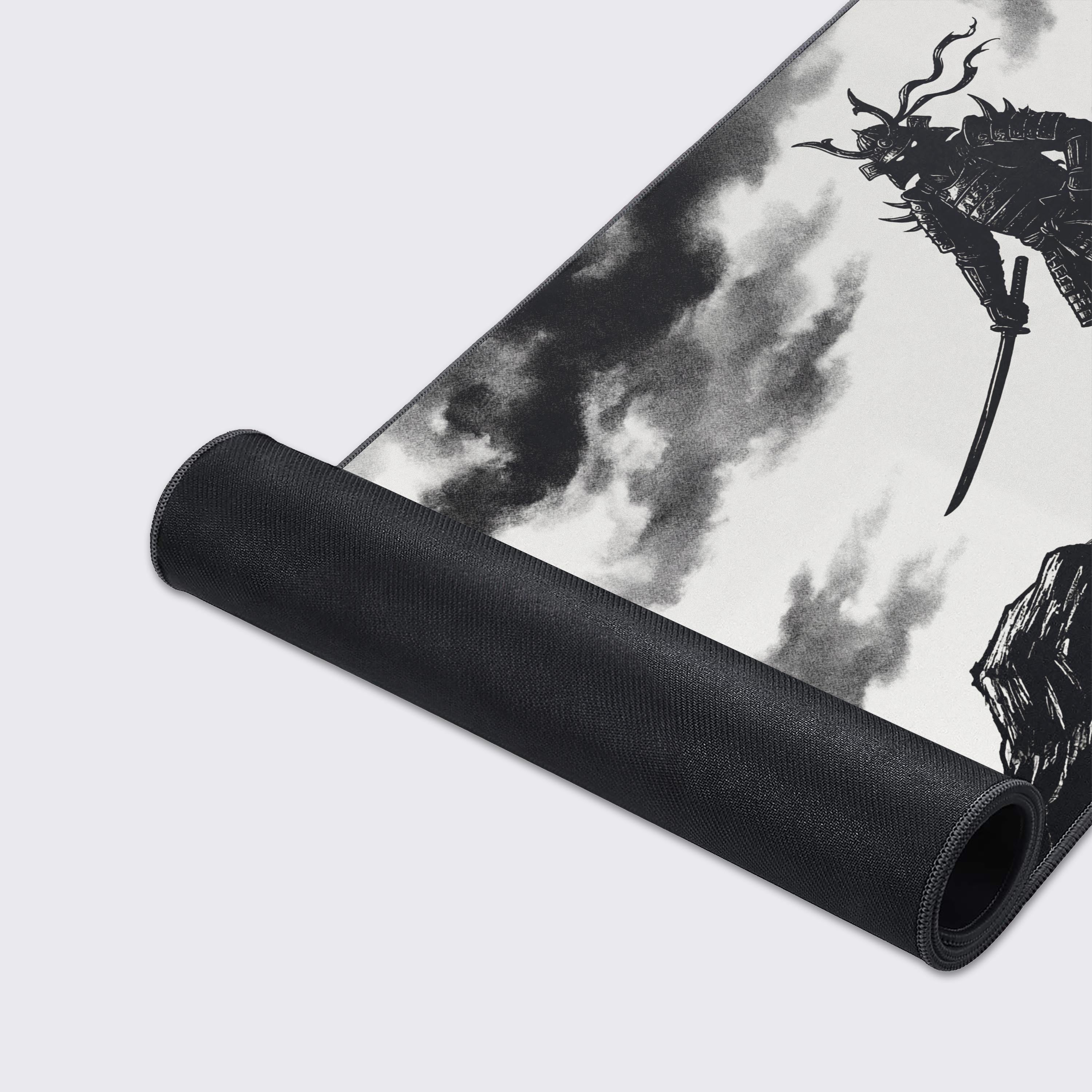A close-up of the Shadow Samurai gaming desk mat, highlighting the detailed ink-wash artwork and the high-quality stitched edges of the smooth fabric surface. - Epic Design Pads & Mousepads