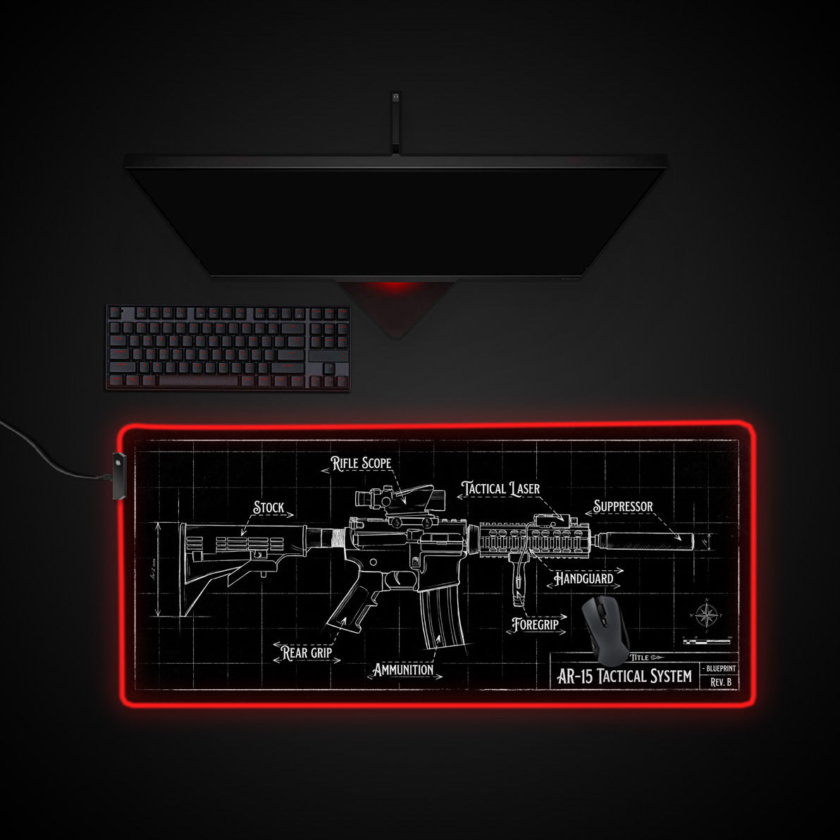 Tactical Blueprint - Black & White desk mat with RGB edge lighting
