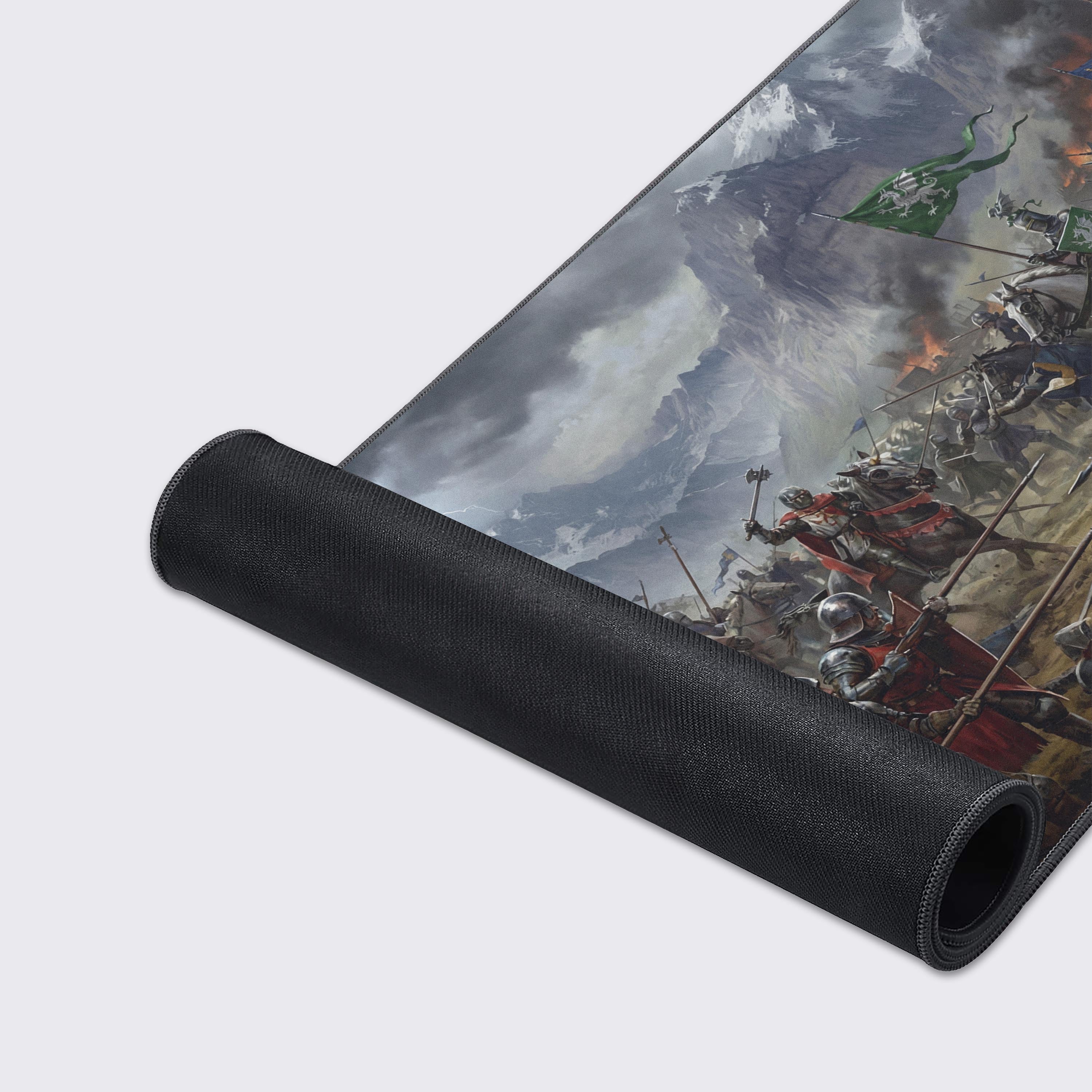 A close-up of the Vanguard Clash Gaming Desk Mat's smooth fabric texture and durable stitched edges, highlighting the detailed artwork of armored knights in combat. - Epic Design Pads & Mousepads