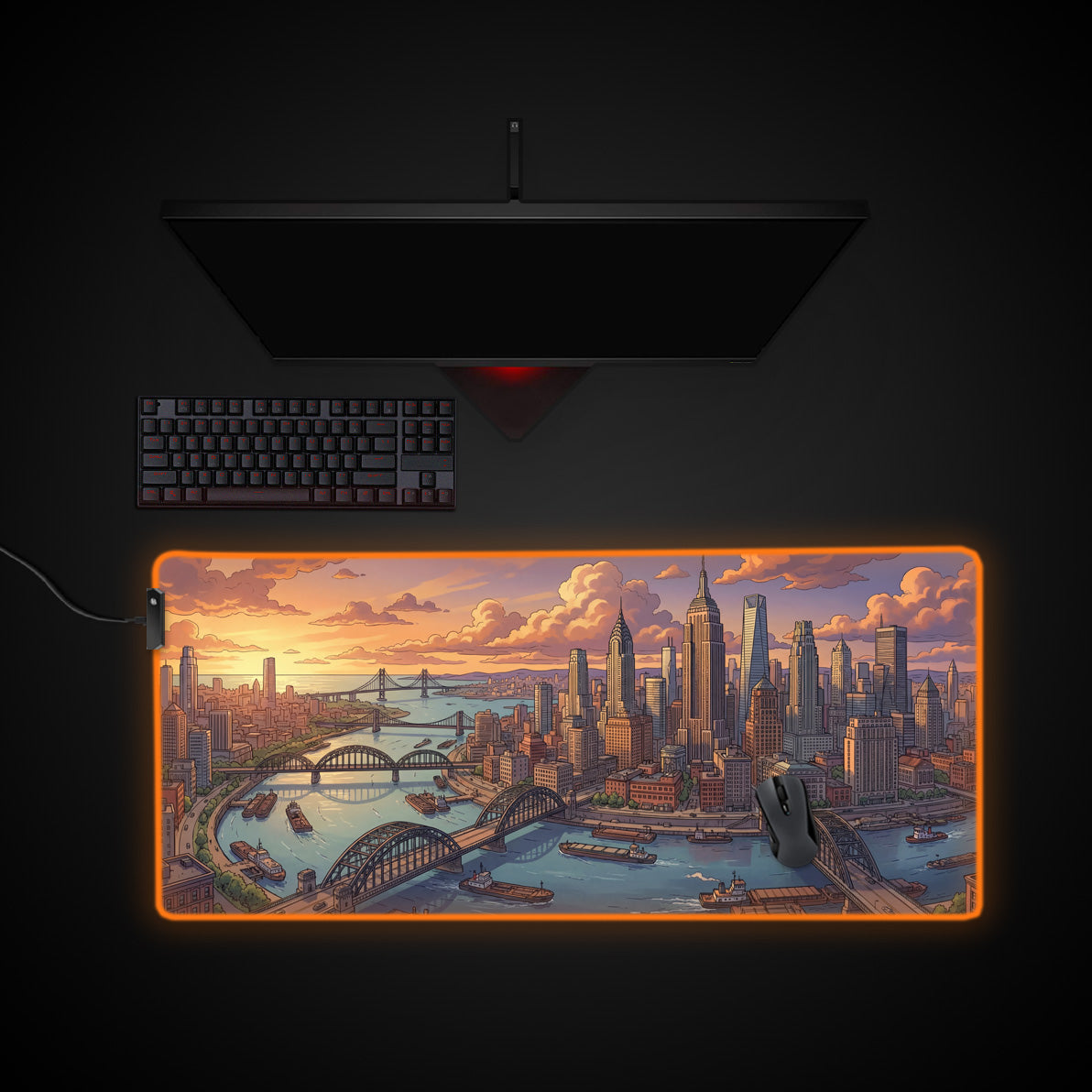 Sunset Commerce desk mat with RGB edge lighting