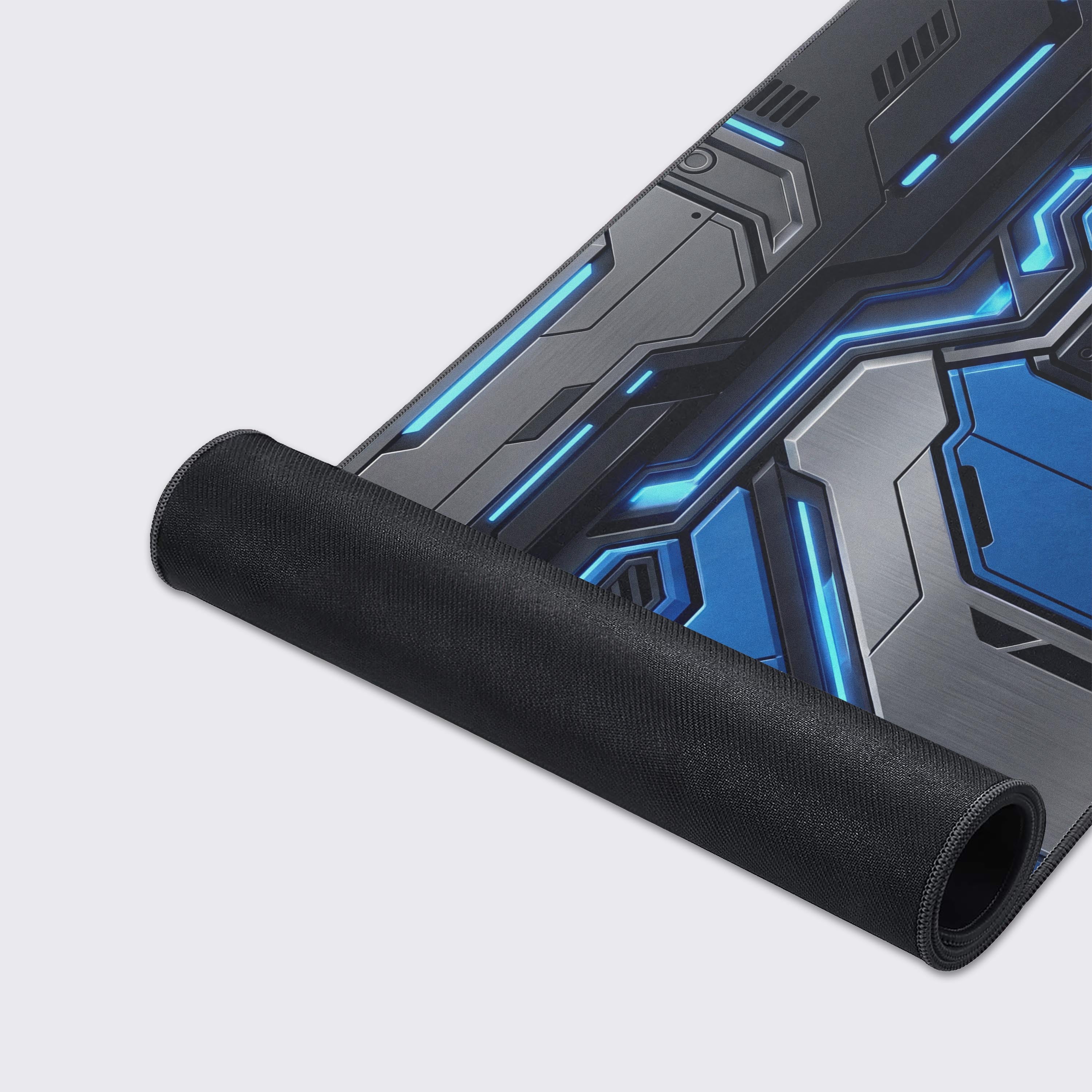 A close-up of the Blue Protocol gaming desk mat showing the high-quality fabric texture, anti-fray stitched edges, and detailed mecha-inspired design. - Epic Design Pads & Mousepads