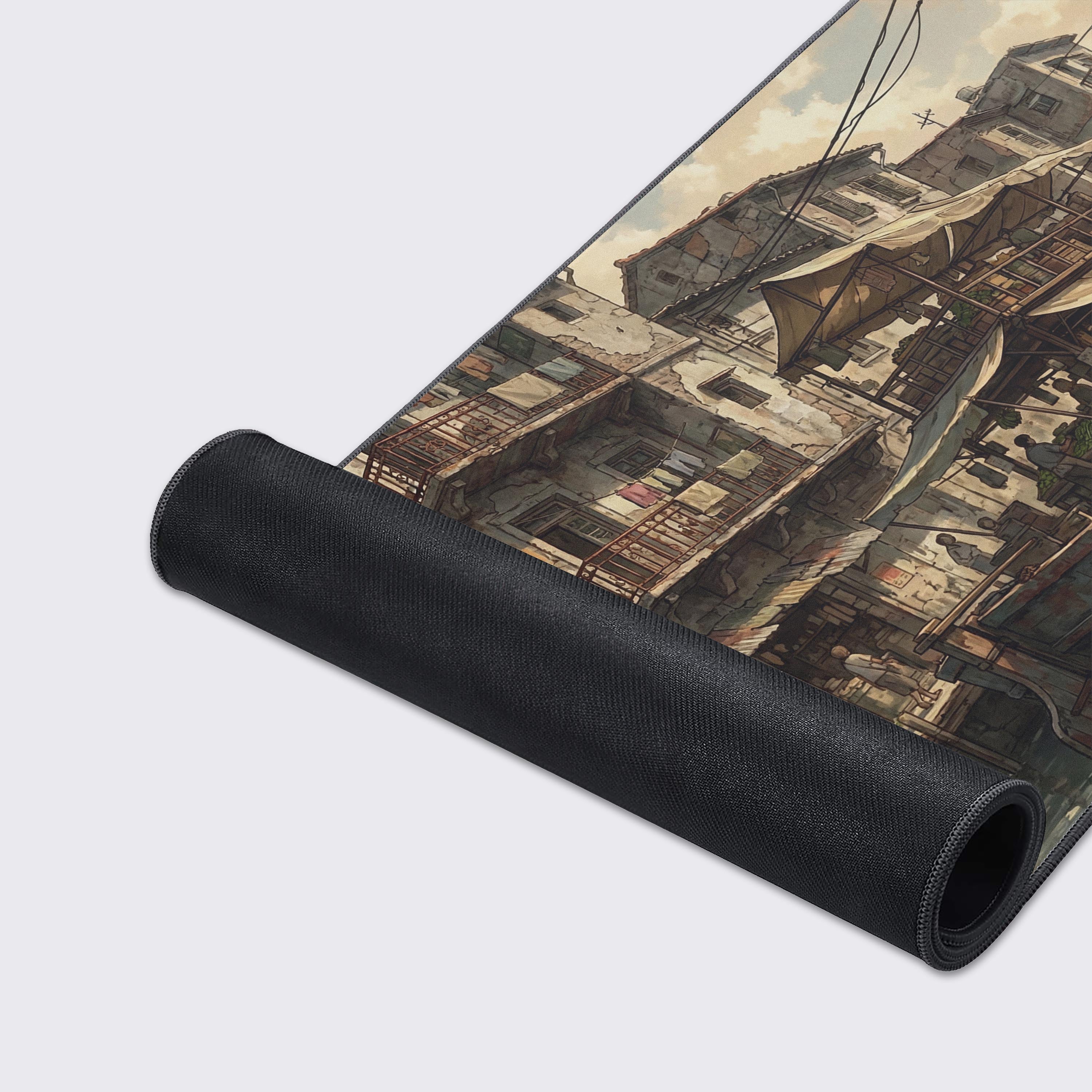 A close-up of the 'Canal Commerce' gaming desk mat, highlighting the durable stitched edges and smooth fabric texture of the detailed river market illustration. - Epic Design Pads & Mousepads