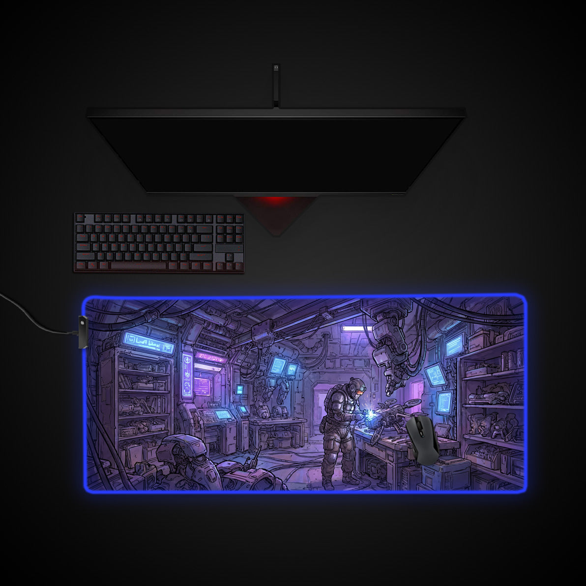 Neon Workshop desk mat with RGB edge lighting