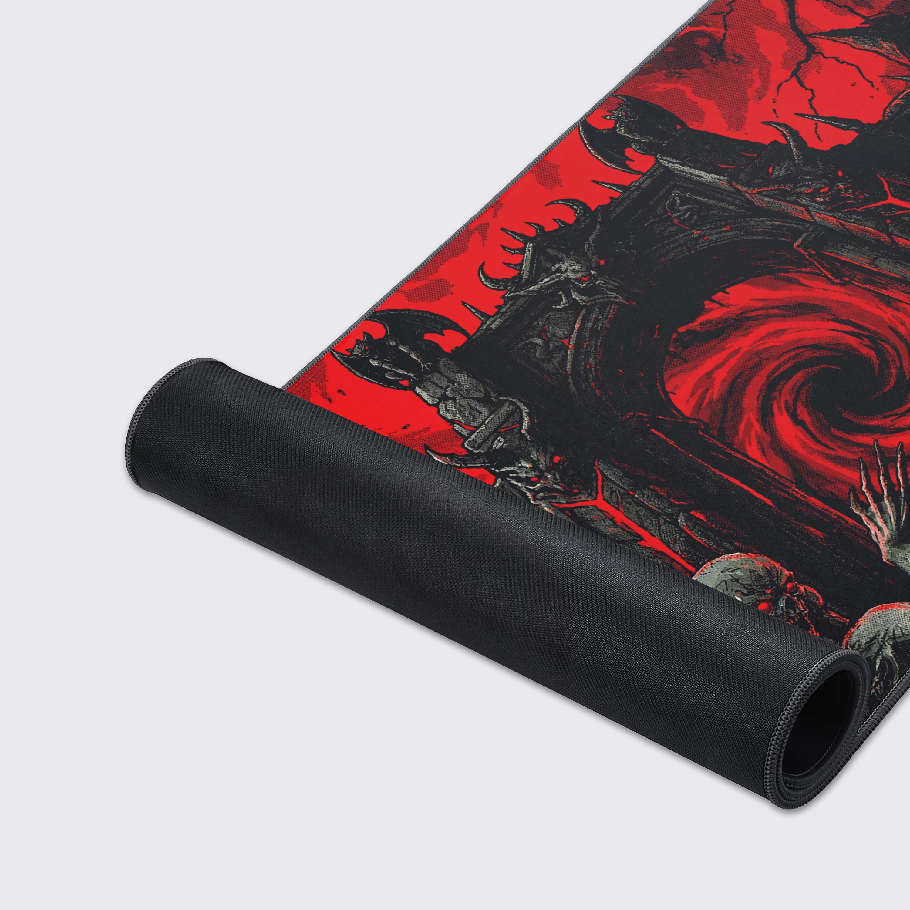 A close-up view of the Hell Gate gaming desk mat, highlighting the durable stitched edges and smooth fabric texture of the demonic art. - Epic Design Pads & Mousepads