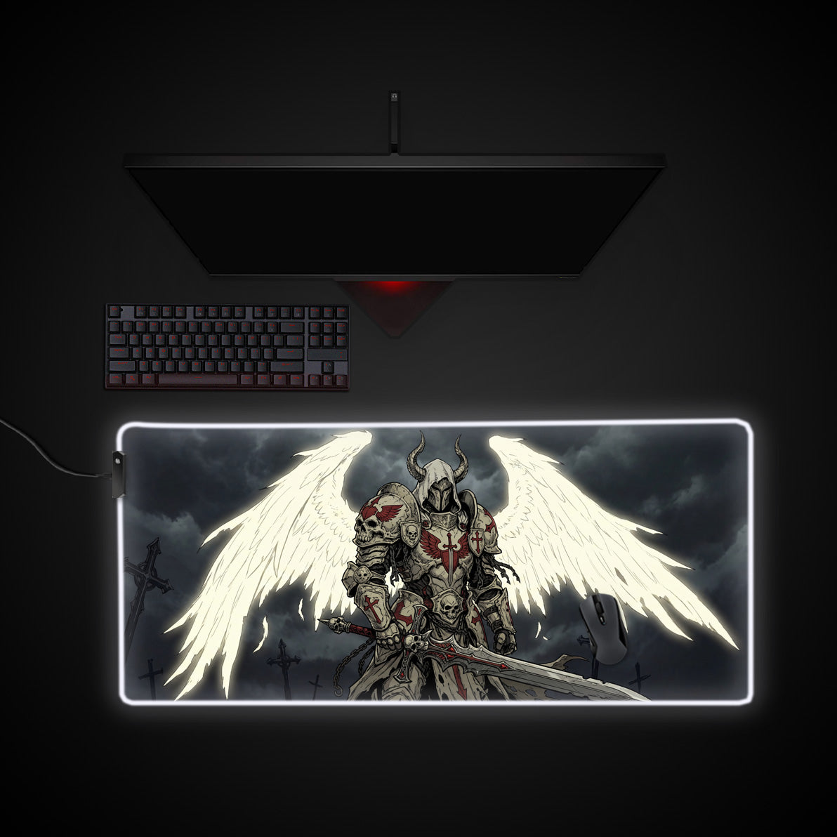 Grim Crusader desk mat with RGB edge lighting