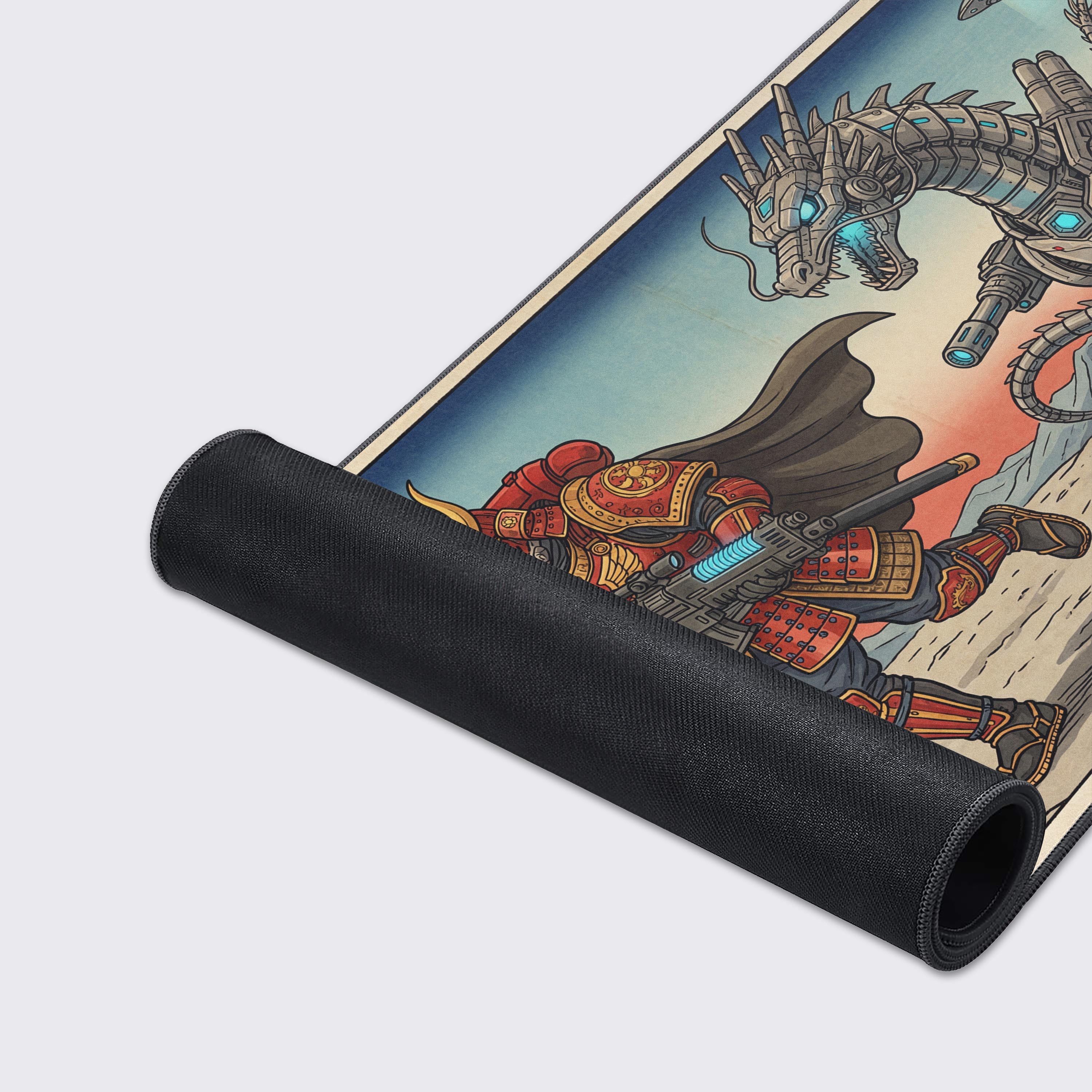 A close-up view of the Galactic Samurai Gaming Desk Mat, highlighting the detailed Ukiyo-e artwork and the durable stitched edges on the high-quality fabric surface. - Epic Design Pads & Mousepads