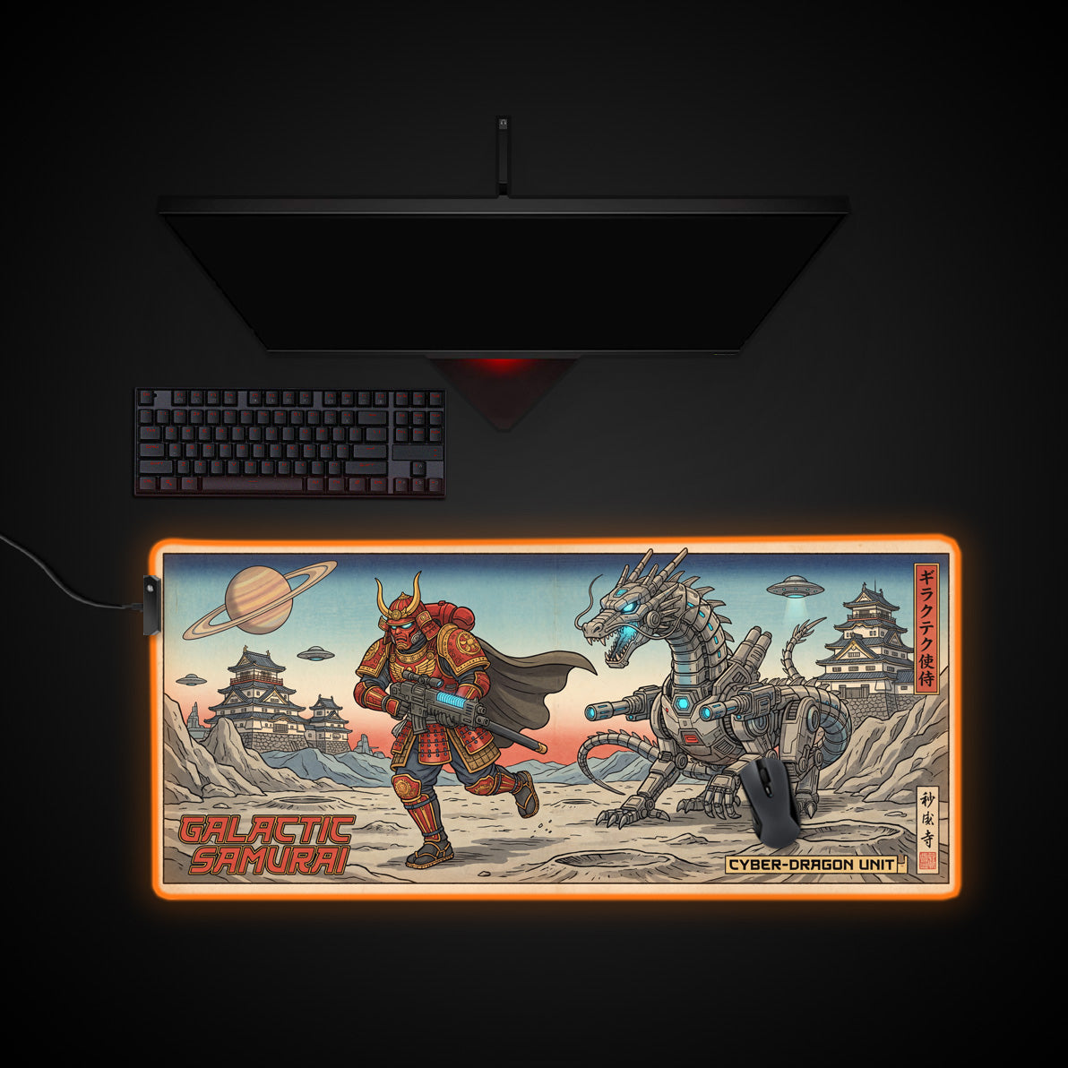 Galactic Samurai desk mat with RGB edge lighting
