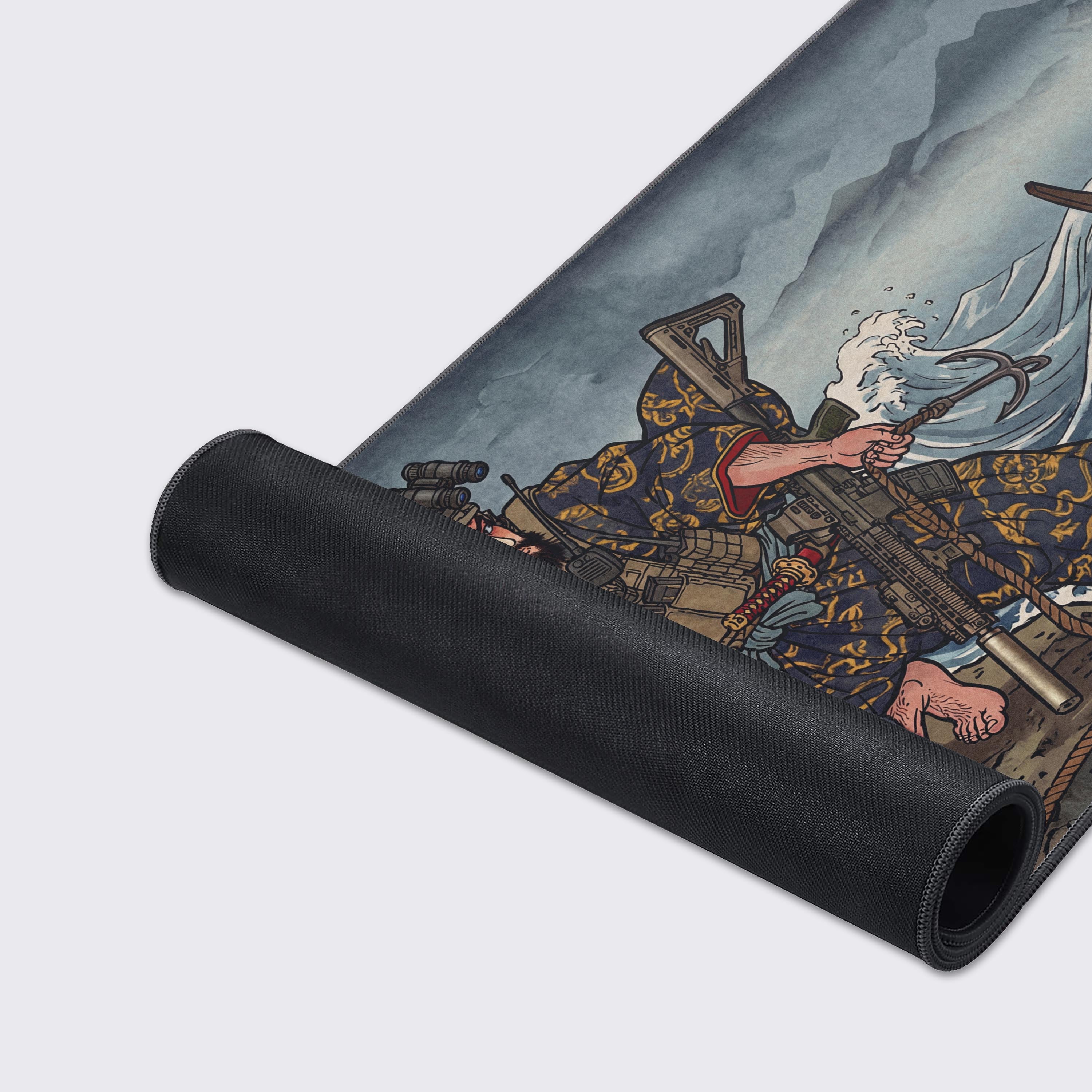 A close-up of the Tactical Wave gaming desk mat, highlighting the detailed Ukiyo-e artwork and high-quality stitched edges of the fabric. - Epic Design Pads & Mousepads