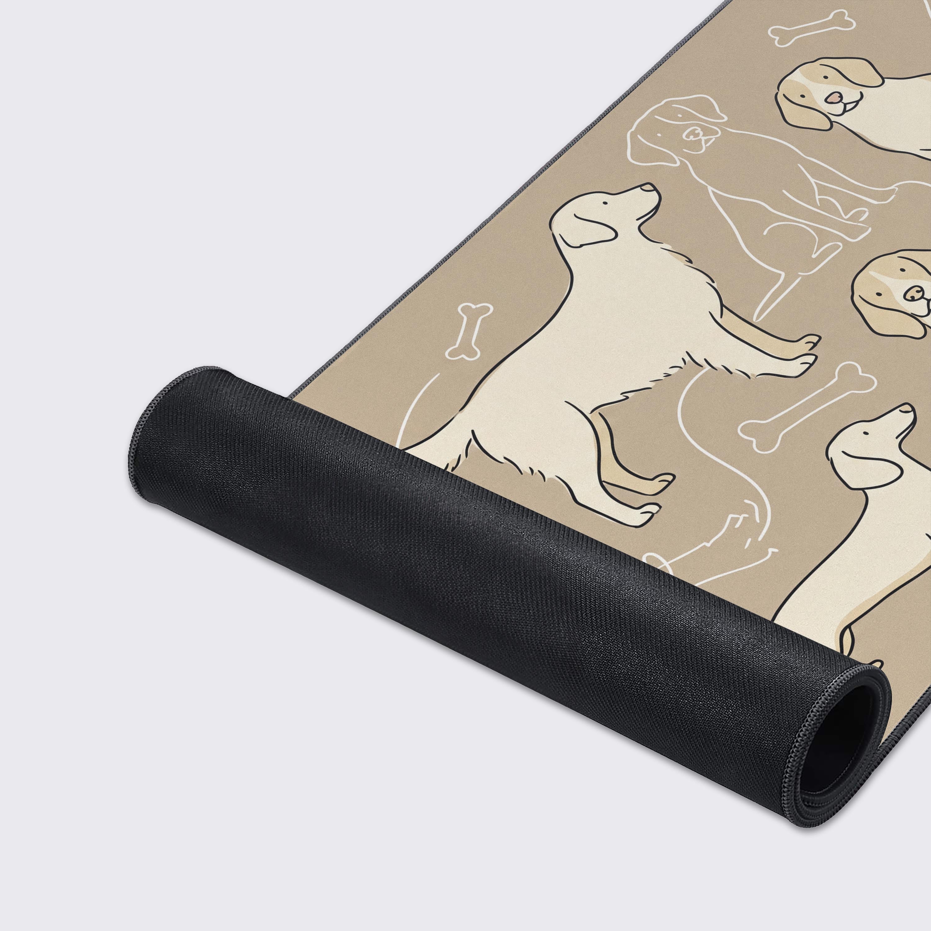 A close-up shot of the Loyal Companions gaming desk mat, highlighting the smooth fabric texture, stitched edges, and minimalist dog line art. - Epic Design Pads & Mousepads