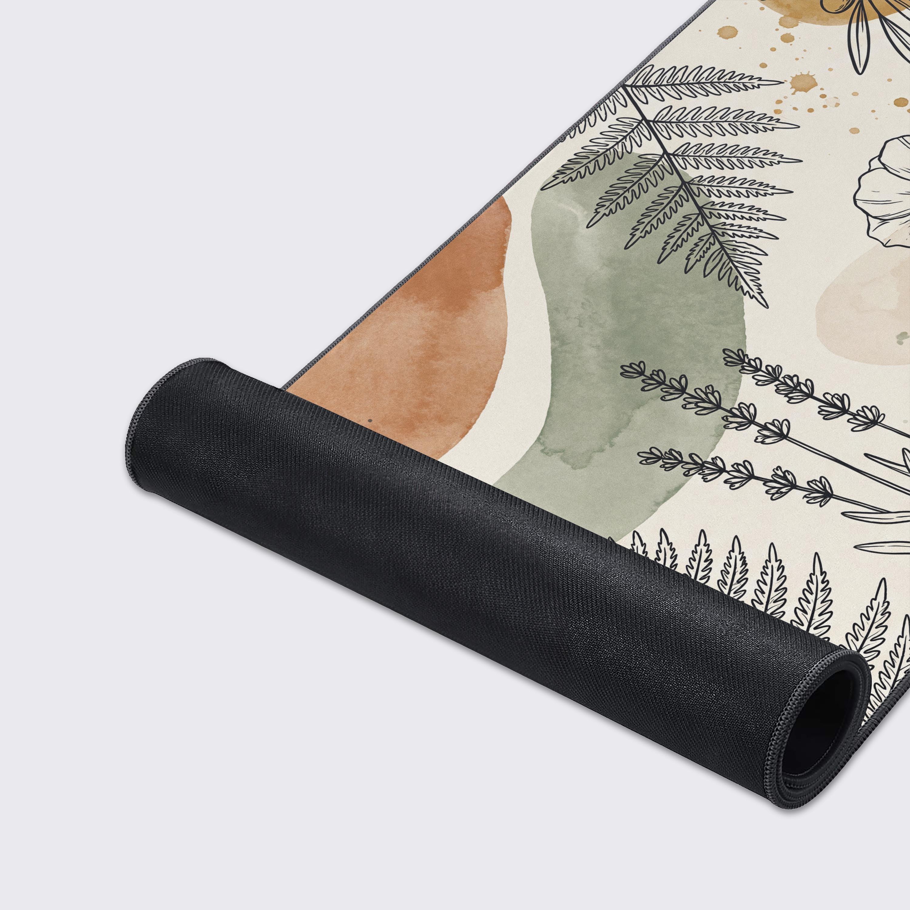 Close-up showcase of the Earthy Lines mouse pad, highlighting its smooth fabric texture and durable stitched edges. The detailed botanical line art of poppies and ferns is clearly visible. - Epic Design Pads & Mousepads