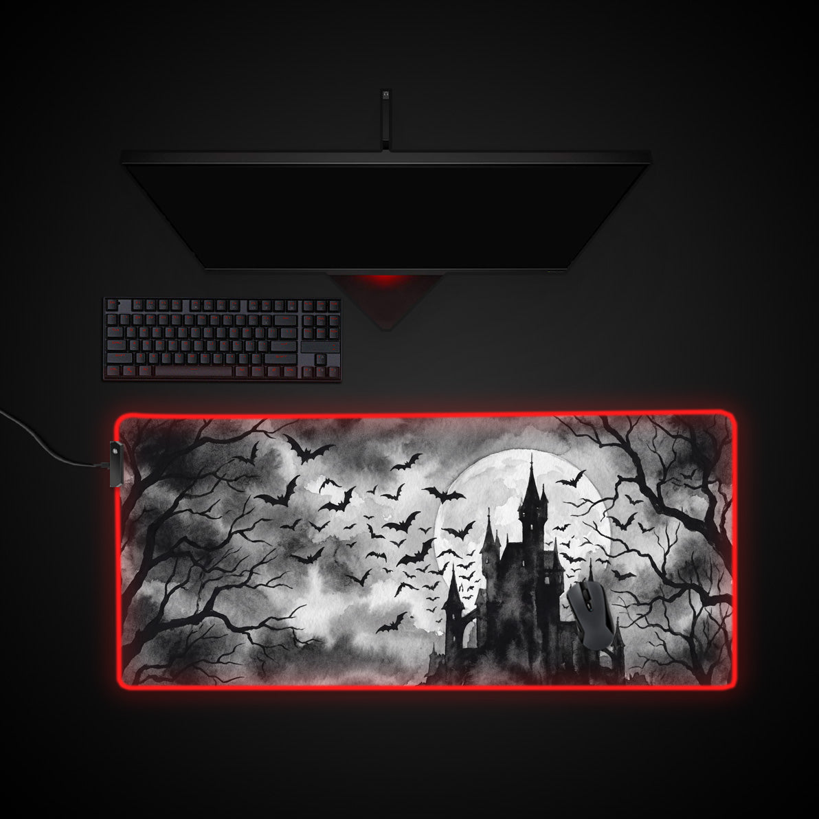 Shadowed Manor desk mat with RGB edge lighting