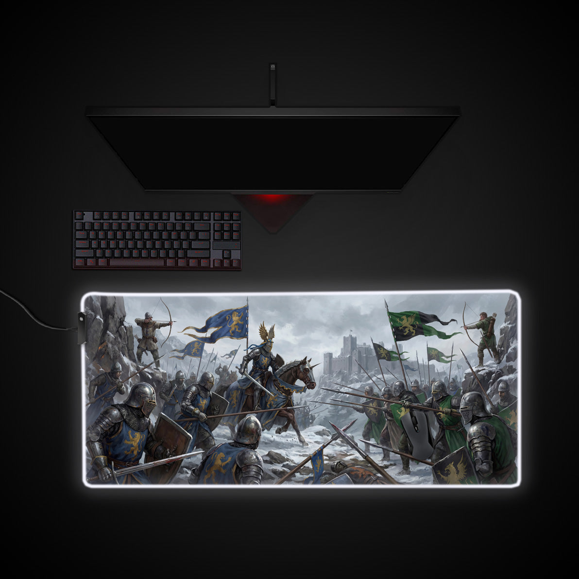 Winter Siege desk mat with RGB edge lighting