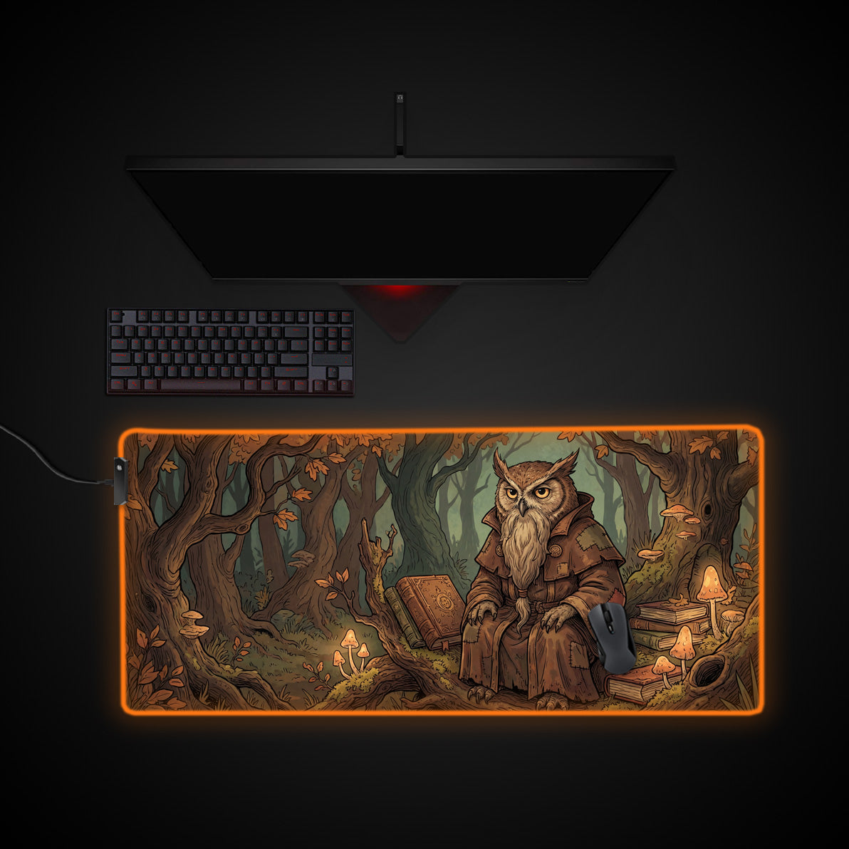 Ancient Owl Scholar desk mat with RGB edge lighting