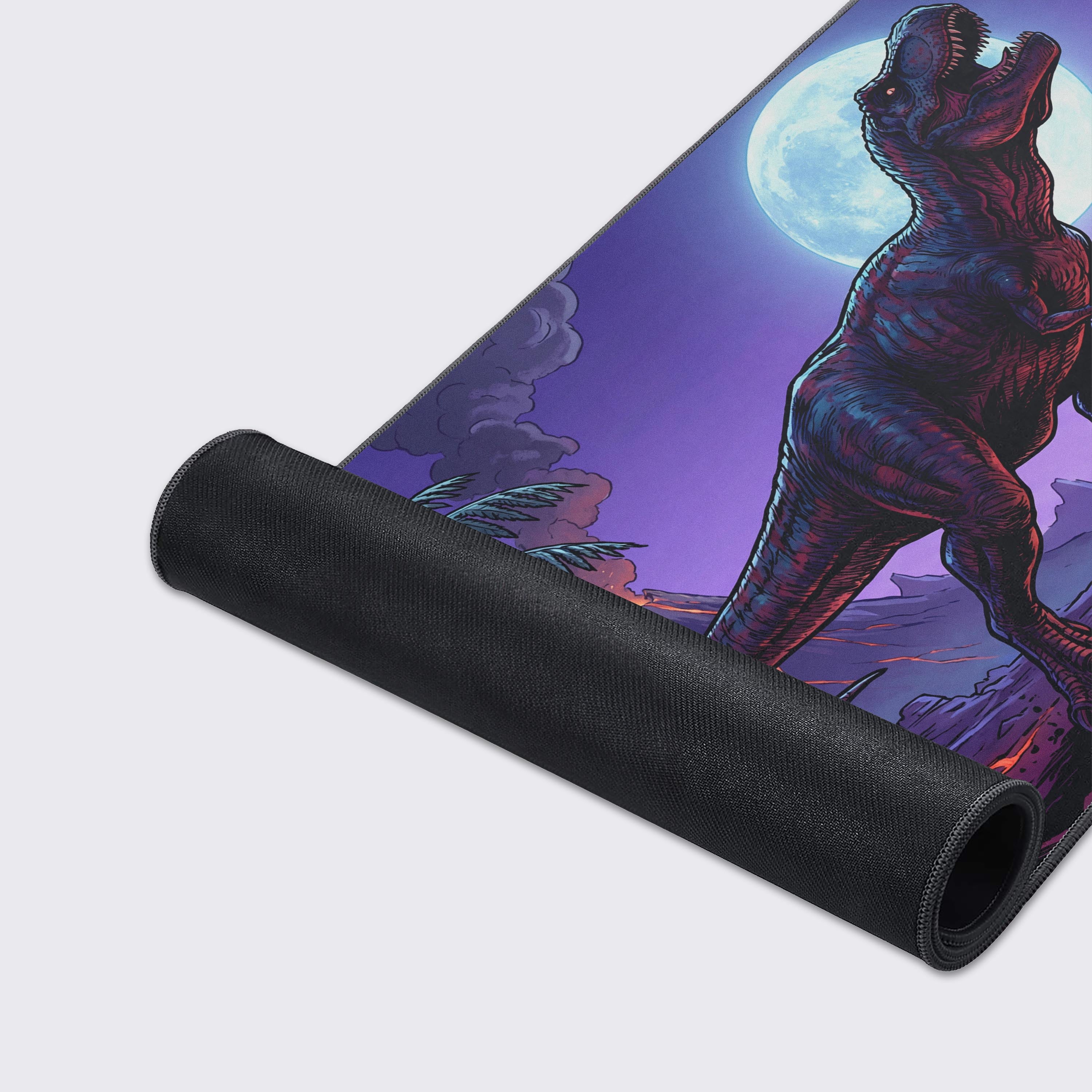 A close-up of the Midnight Apex gaming desk mat showing the detailed T-Rex artwork, smooth fabric texture, and durable stitched edges. - Epic Design Pads & Mousepads