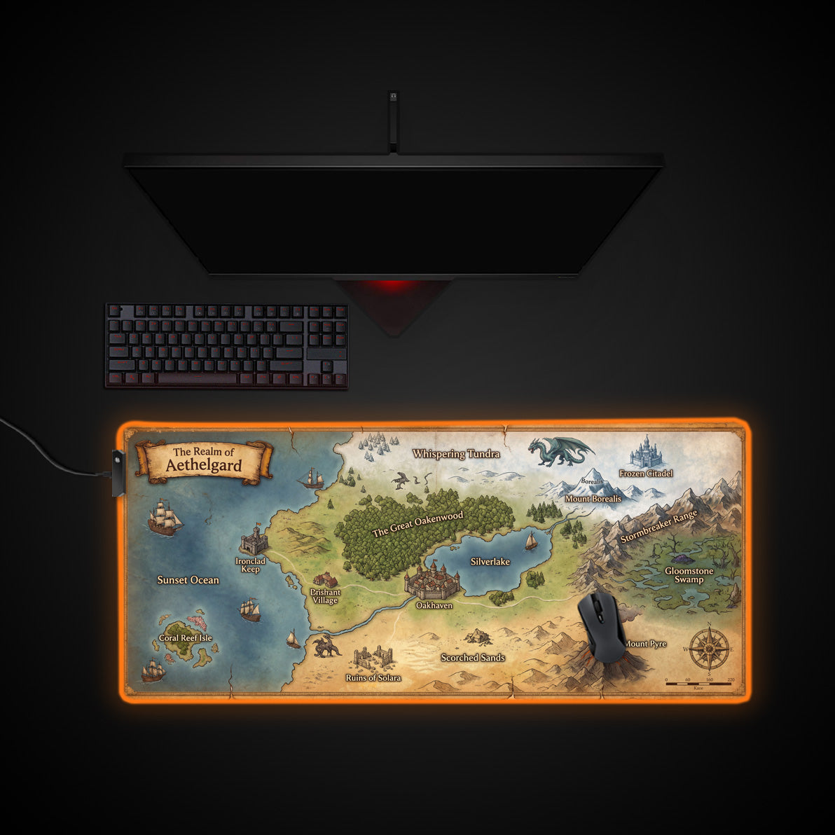 Realm of Aethelgard desk mat with RGB edge lighting
