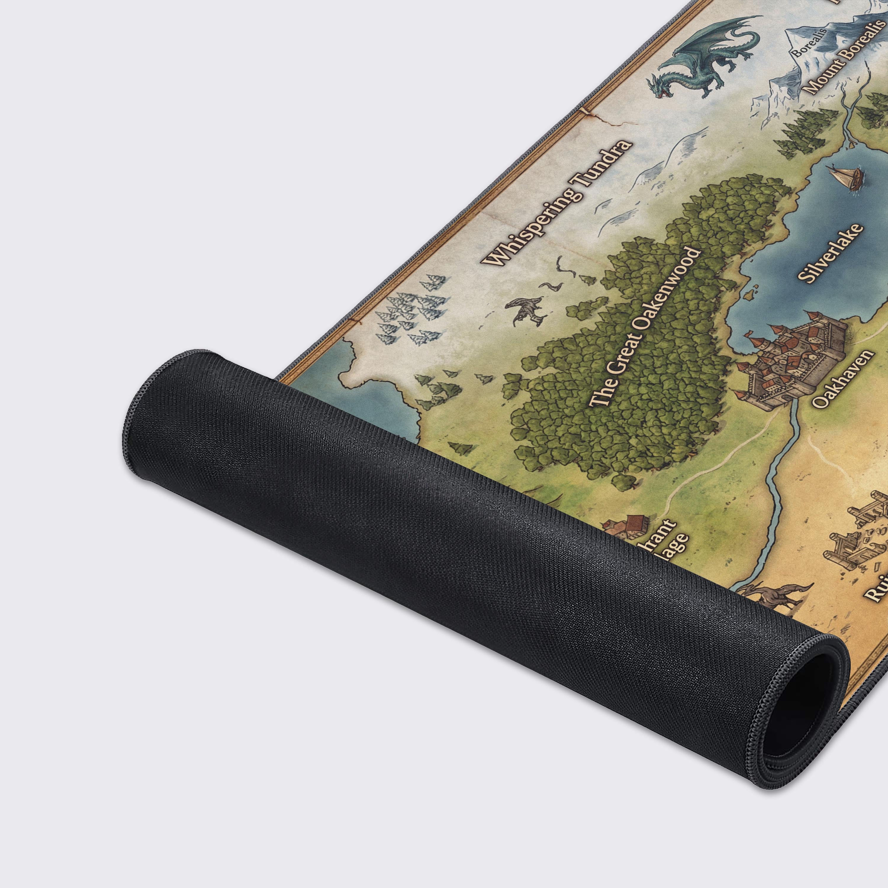 A close-up of the Realm of Aethelgard gaming desk mat, highlighting the smooth fabric texture, stitched edges, and vibrant fantasy map artwork. - Epic Design Pads & Mousepads