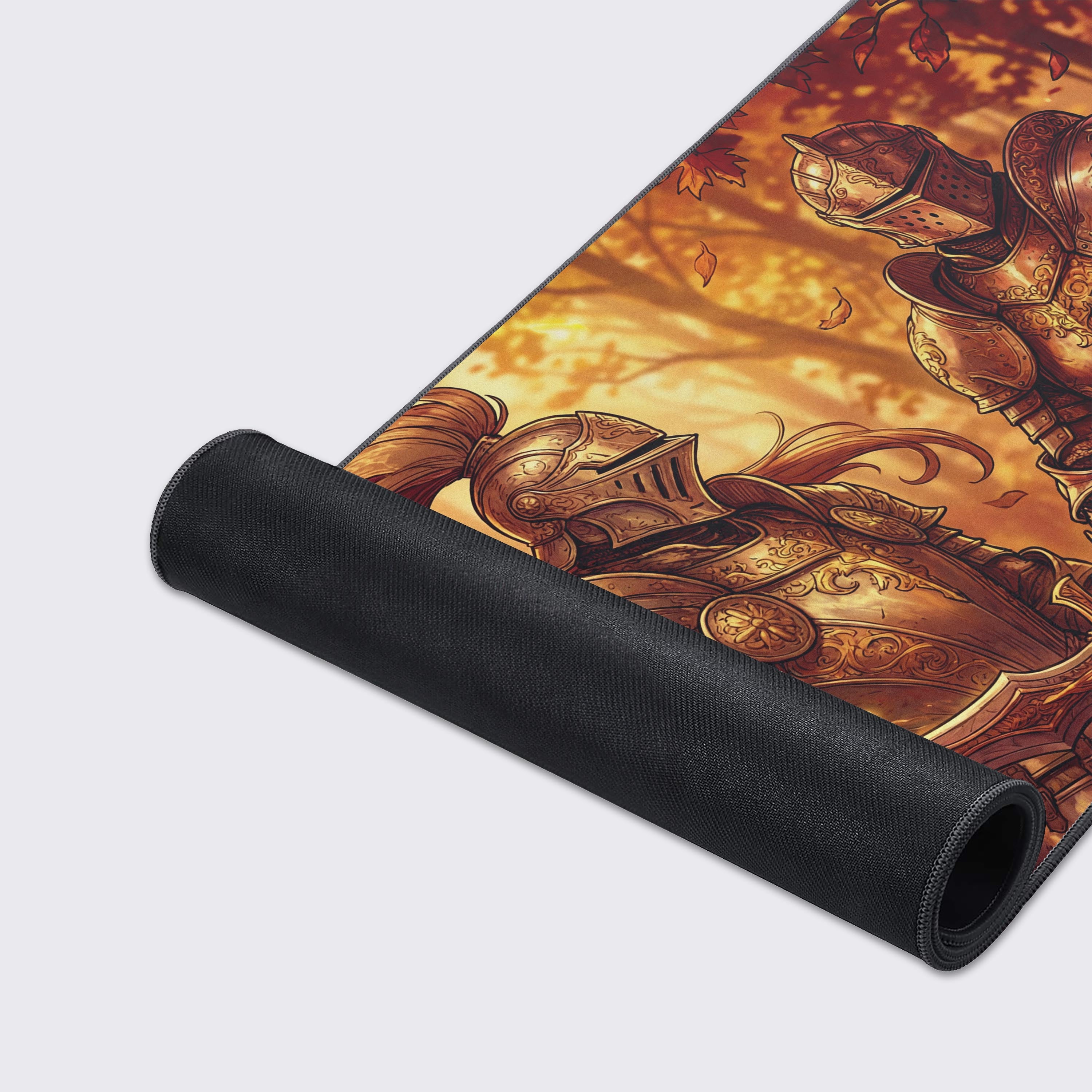 A close-up shot of the Sworn Brotherhood gaming desk mat highlighting the smooth, detailed fabric and durable stitched edges of the knight artwork. - Epic Design Pads & Mousepads