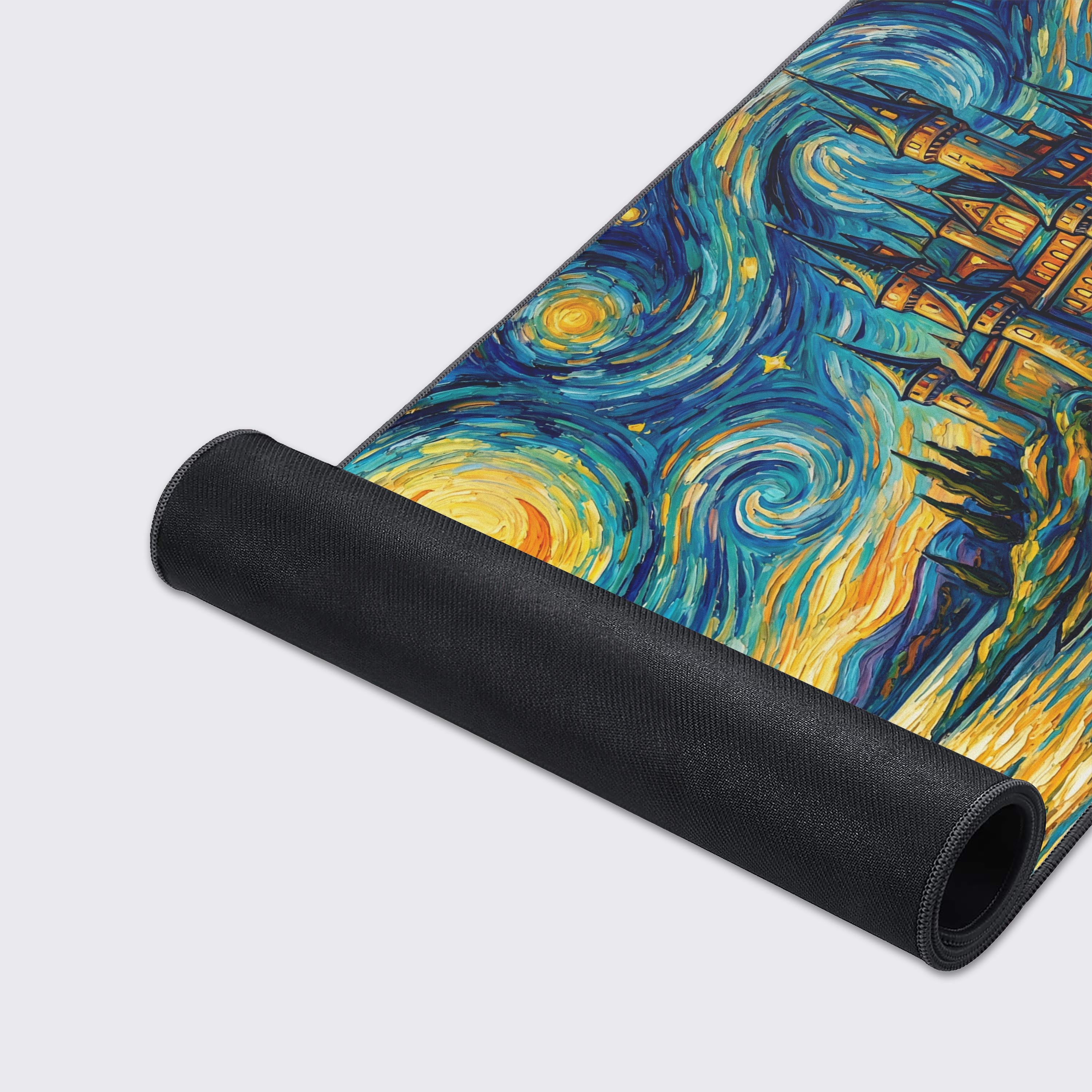 A close-up of the Starry Castle Night gaming desk mat, highlighting the smooth fabric texture and durable stitched edges of the vibrant fantasy artwork. - Epic Design Pads & Mousepads