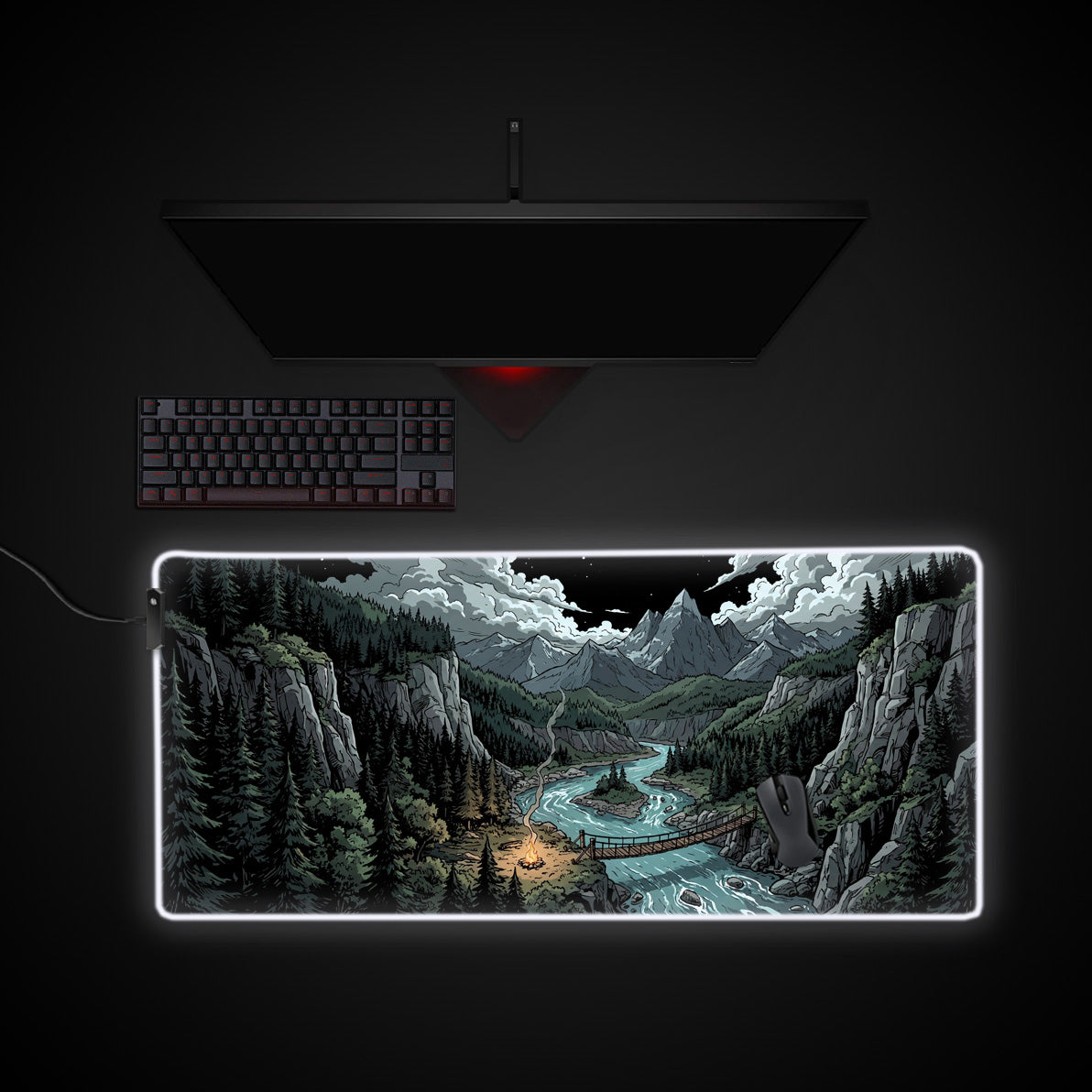 Valley Campfire desk mat with RGB edge lighting